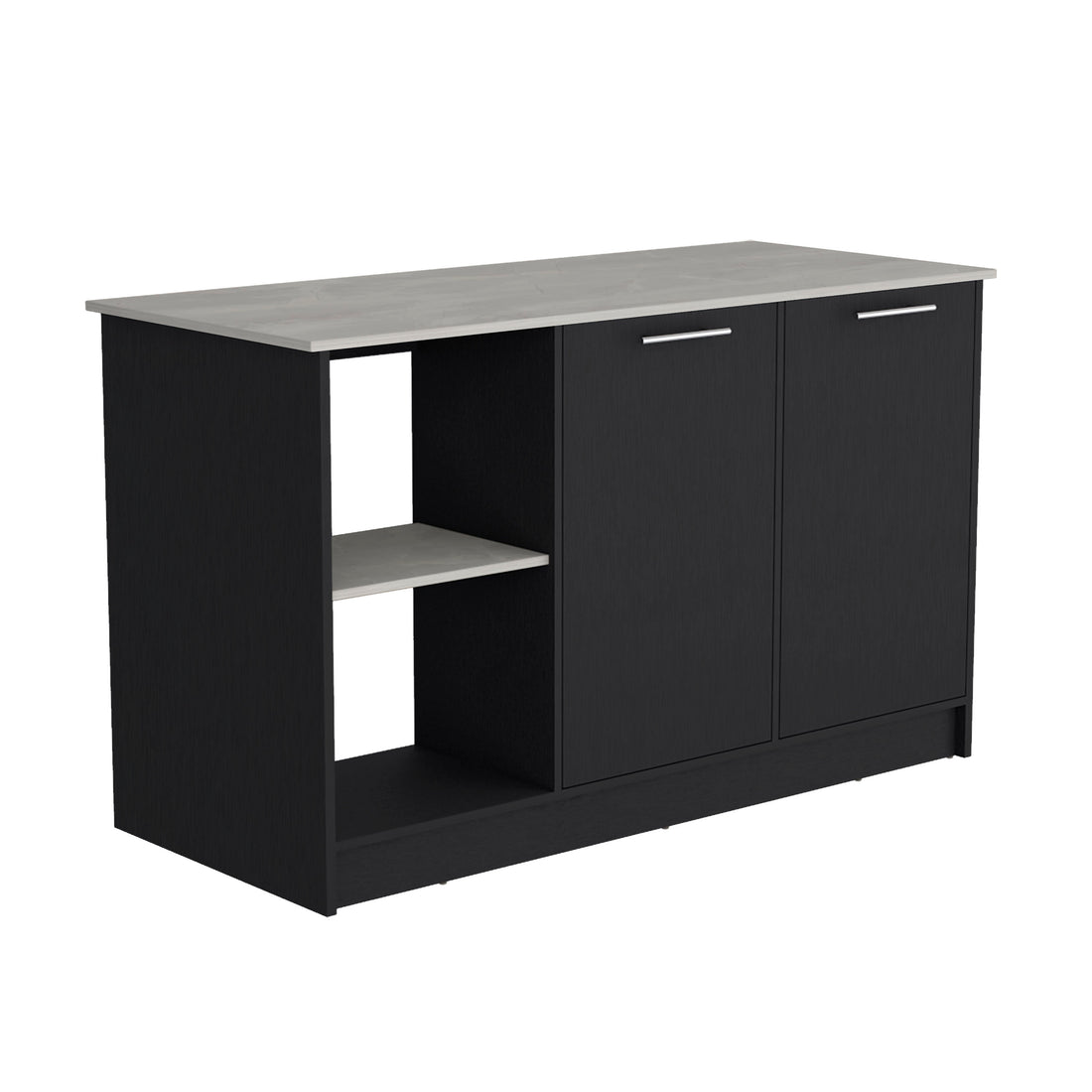 Kitchen Island With Large Countertop, Open Storage Shelves And Double Door Cabinet, Black Onyx Black Solid Wood Mdf Engineered Wood
