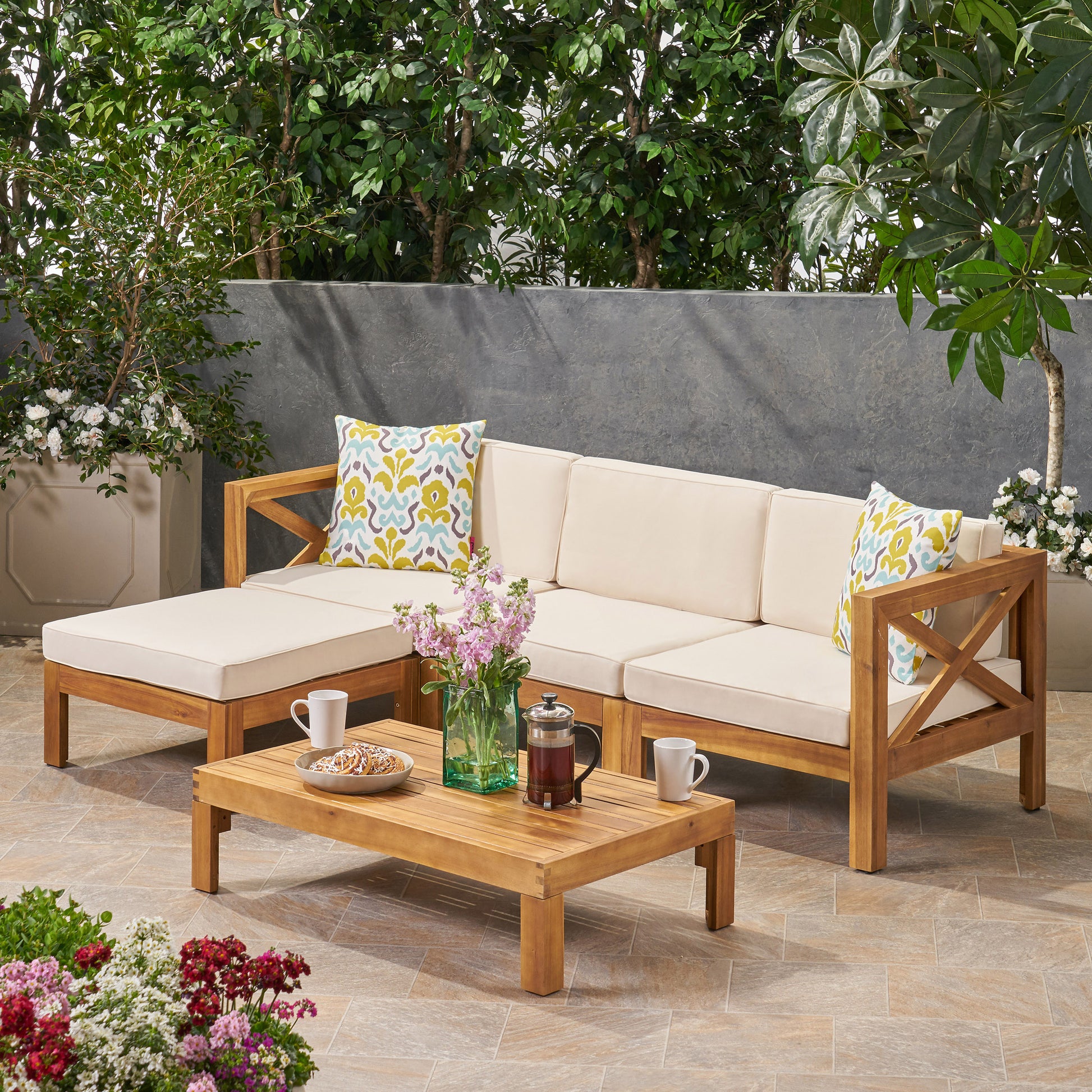 Alcove Lshape Sofa Set, Beige Beige Seats 4 Acacia Wood