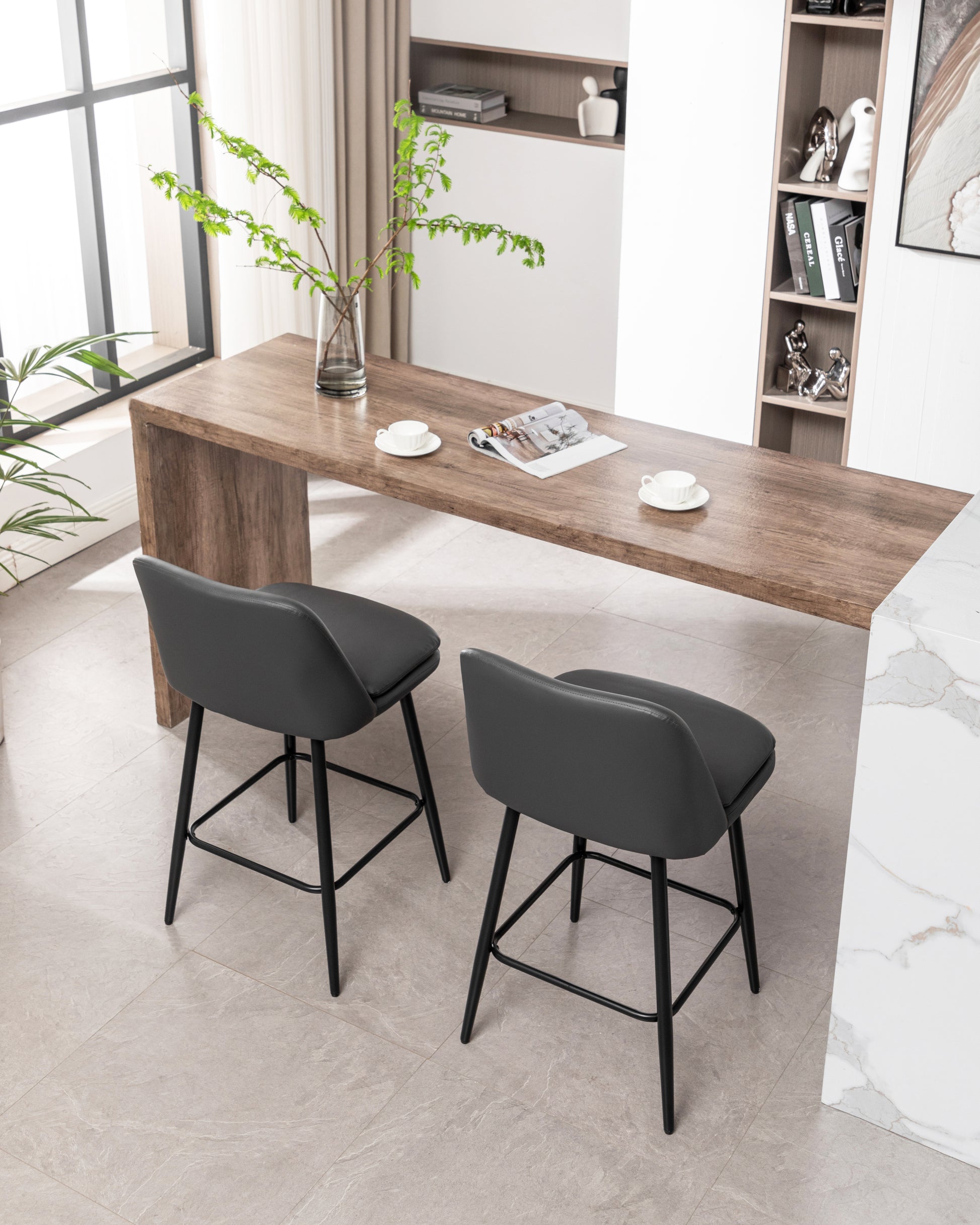 Counter Height Swivel Bar Stools Set Of 2, 360 Swivel Upholstered Barstools With Back And Metal Legs, 25.6" Seat Height,Counter Stools For Kitchen Island And Pub,Faux Leather,Grey Dark Grey Set Of 2 Pu Leather