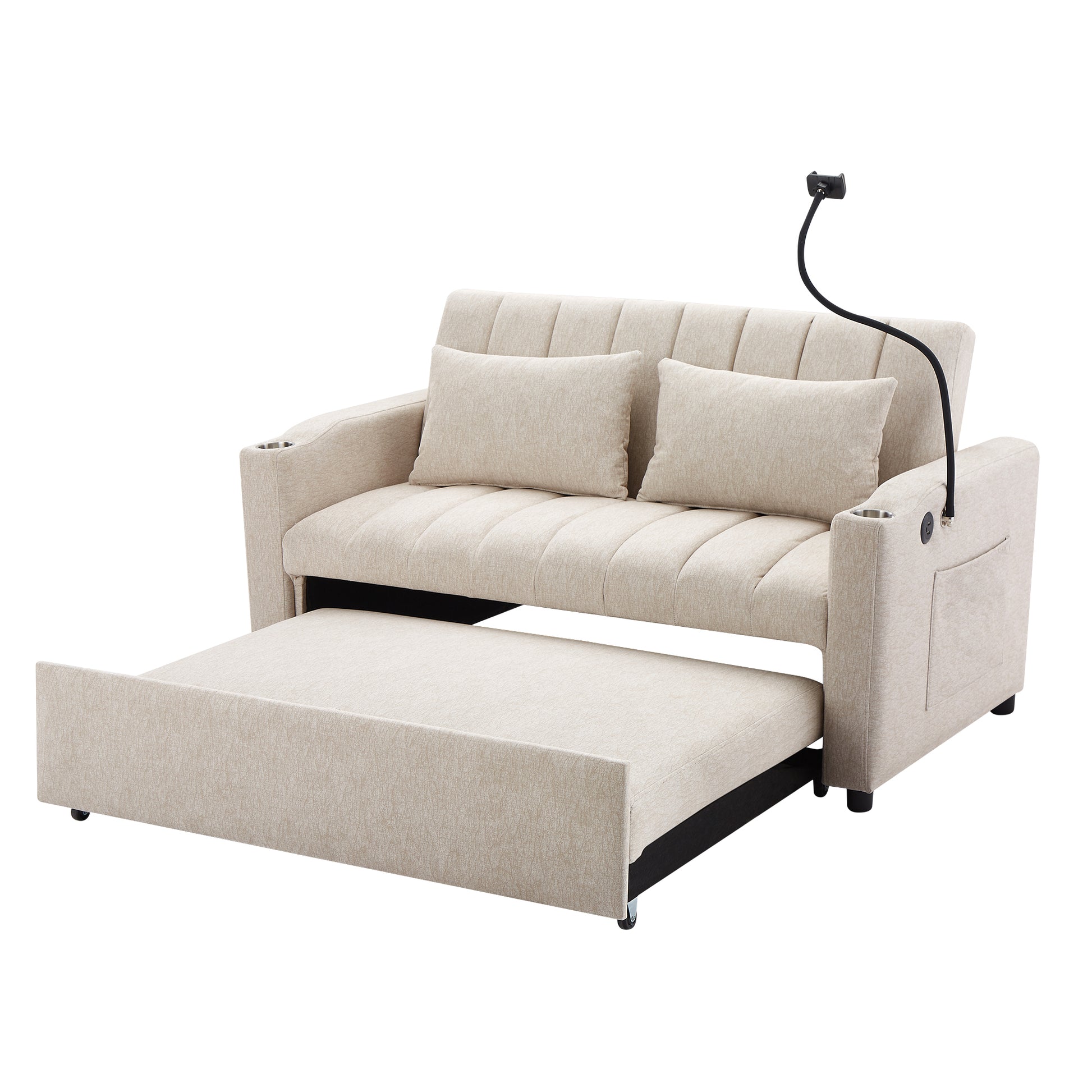 55.9" Convertible Sofa Bed Loveseat Sofa With Three Usb Ports, Two Side Pockets, Two Cup Holders And 360 Swivel Phone Holder For Living Room, Beige Beige Foam Polyester