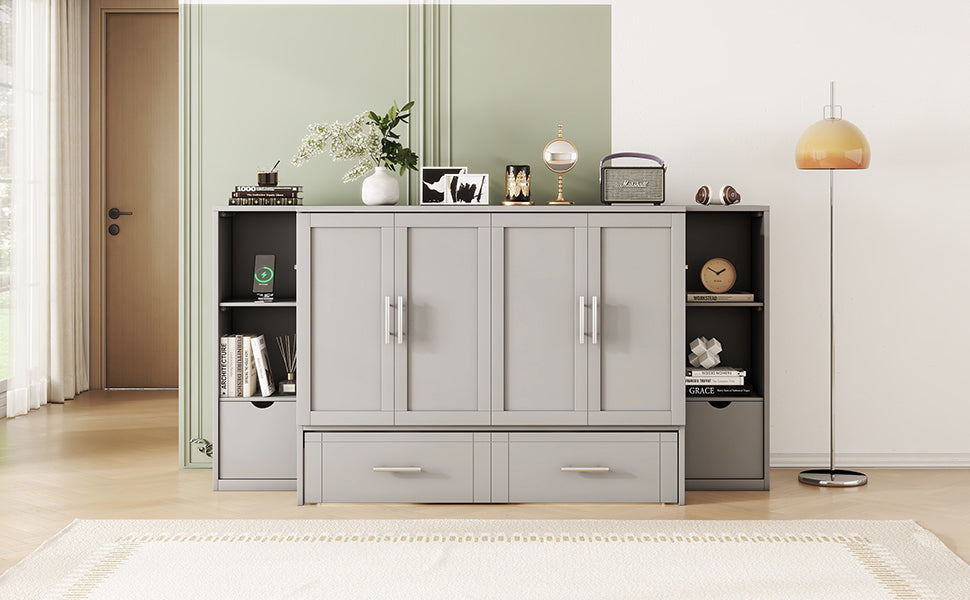 Full Size Murphy Bed With Shelves, Drawers And Usb Ports,Gray Gray Mdf Lvl