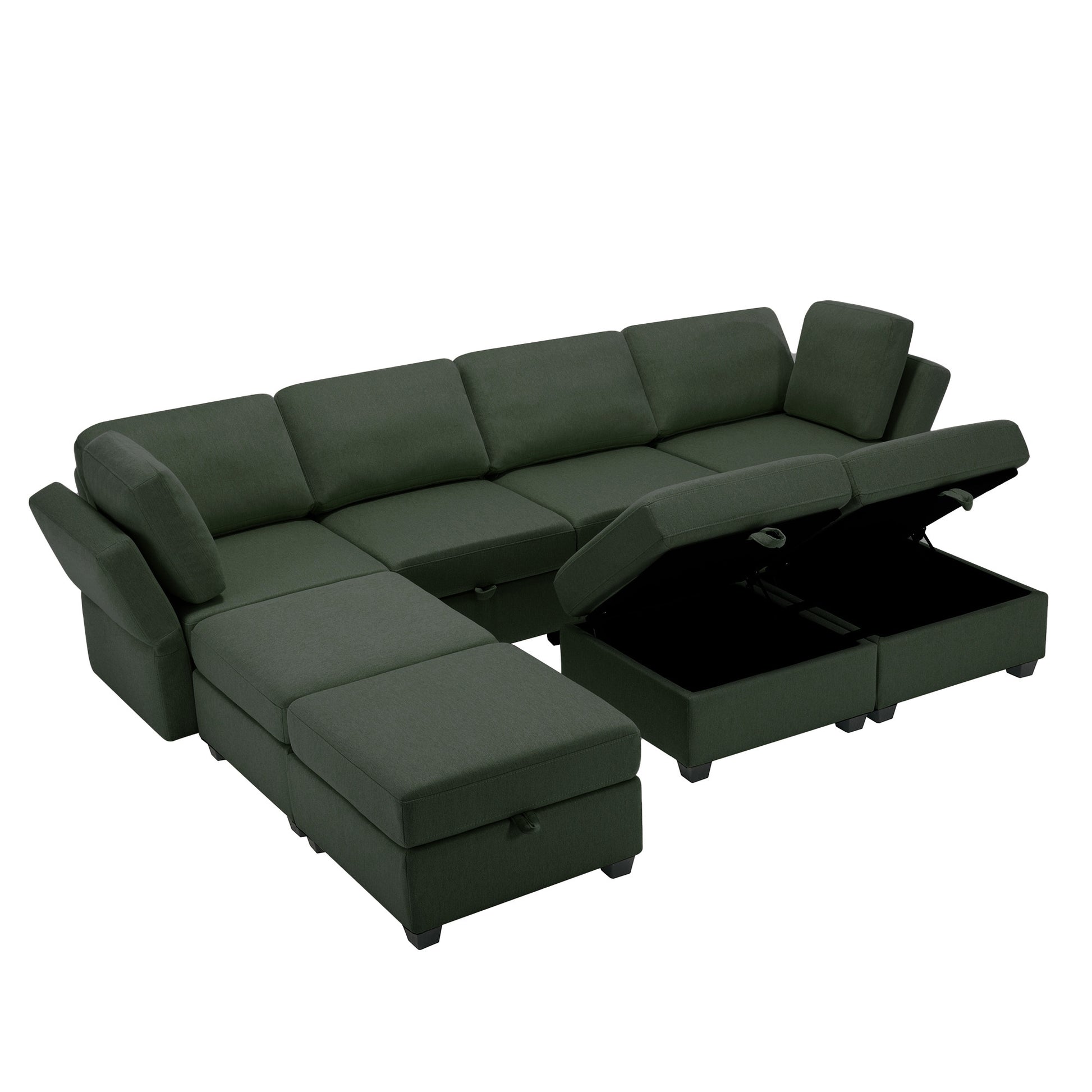 Adjustable Arms And Backs Sectional Sofa, Modern Sectional Couch U Shaped Sofa Couch With Storage Ottoman, Sofa With Convertible Chaise Green Green Polyester 4 Seat
