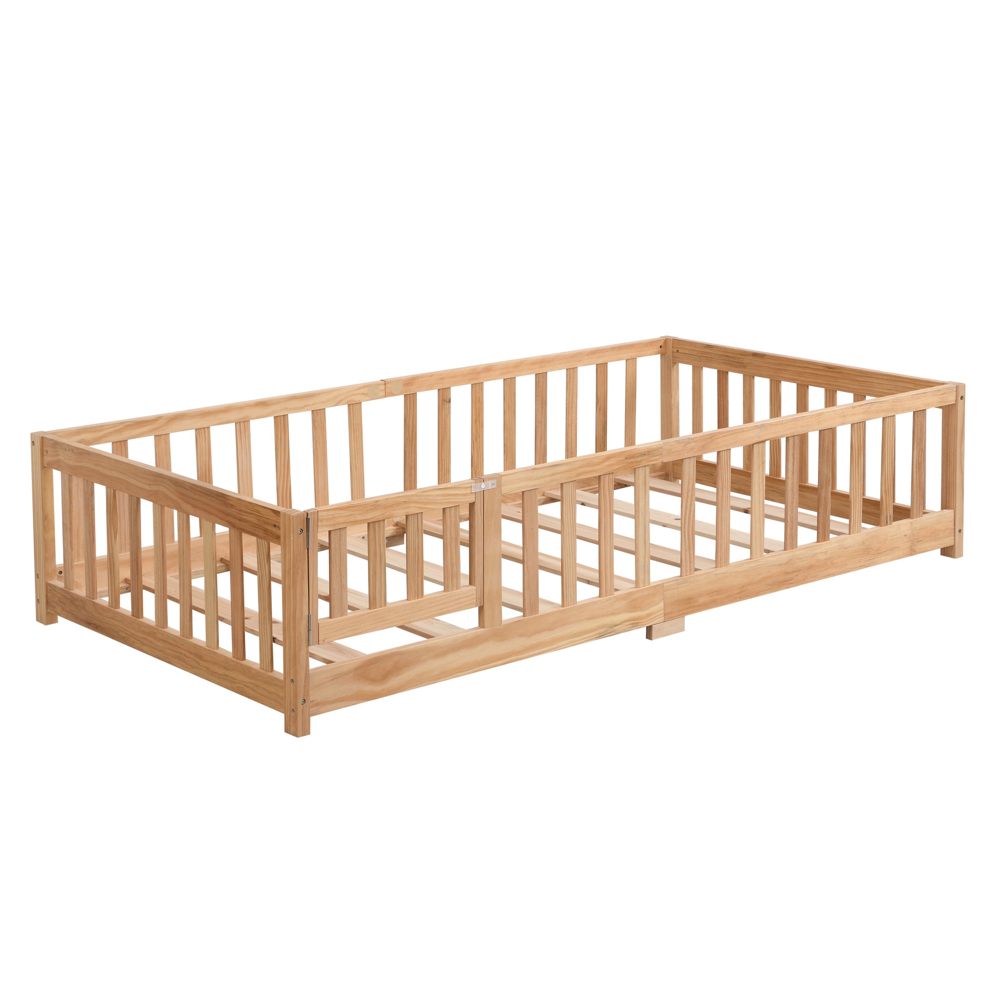 Queen Size Floor Bed With Door, Solid Wood Platform Bed Frame With Fencesuitable For Childrenpine Woodnatural Queen Natural Wood