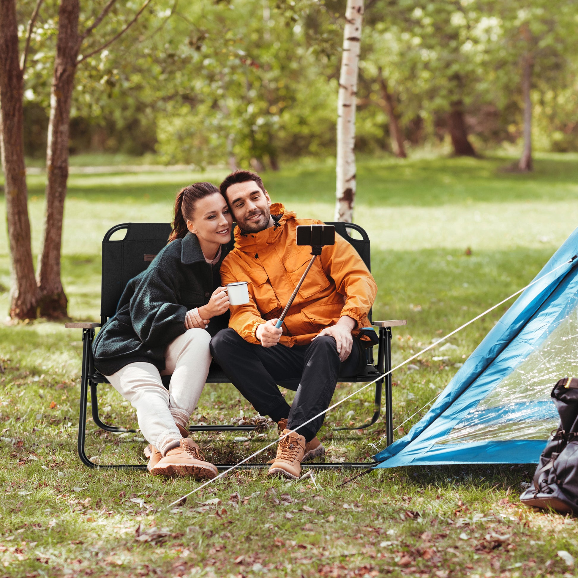 Outsunny Double Folding Camping Chair, Loveseat For 2 Adults, Portable Camping Couch With Wood Armrest & Cupholders, For Backpacking, Beach, Sports Travel, Black Black Steel