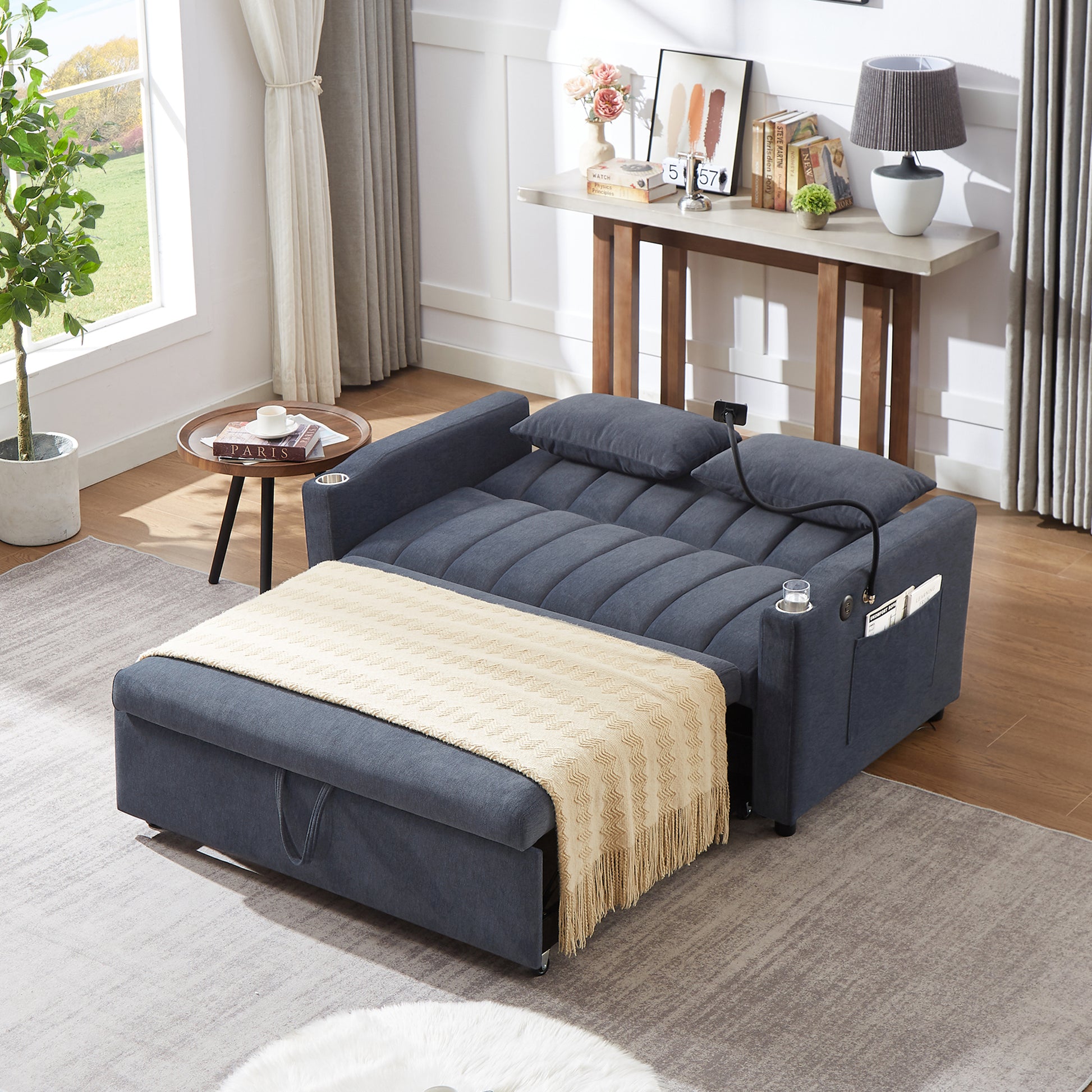 55.9" Convertible Sofa Bed Loveseat Sofa With Three Usb Ports, Two Side Pockets, Two Cup Holders And 360 Swivel Phone Holder For Living Room, Blue Grey Blue Gray Foam Polyester