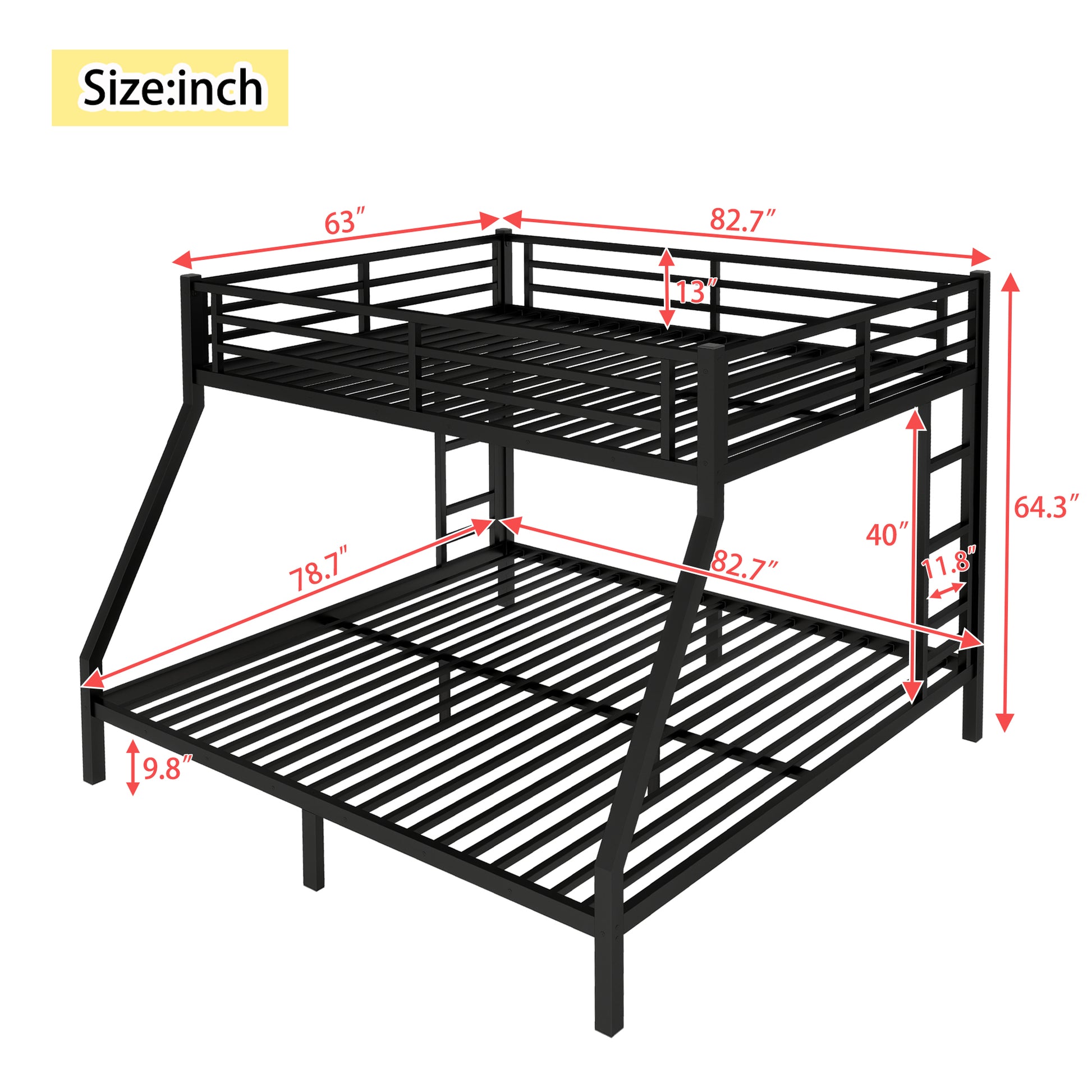 Metal Queen Over King Bunk Bed For Teens And Adults,Space Saving Noise Reduced No Box Spring Needed, Black Black Metal