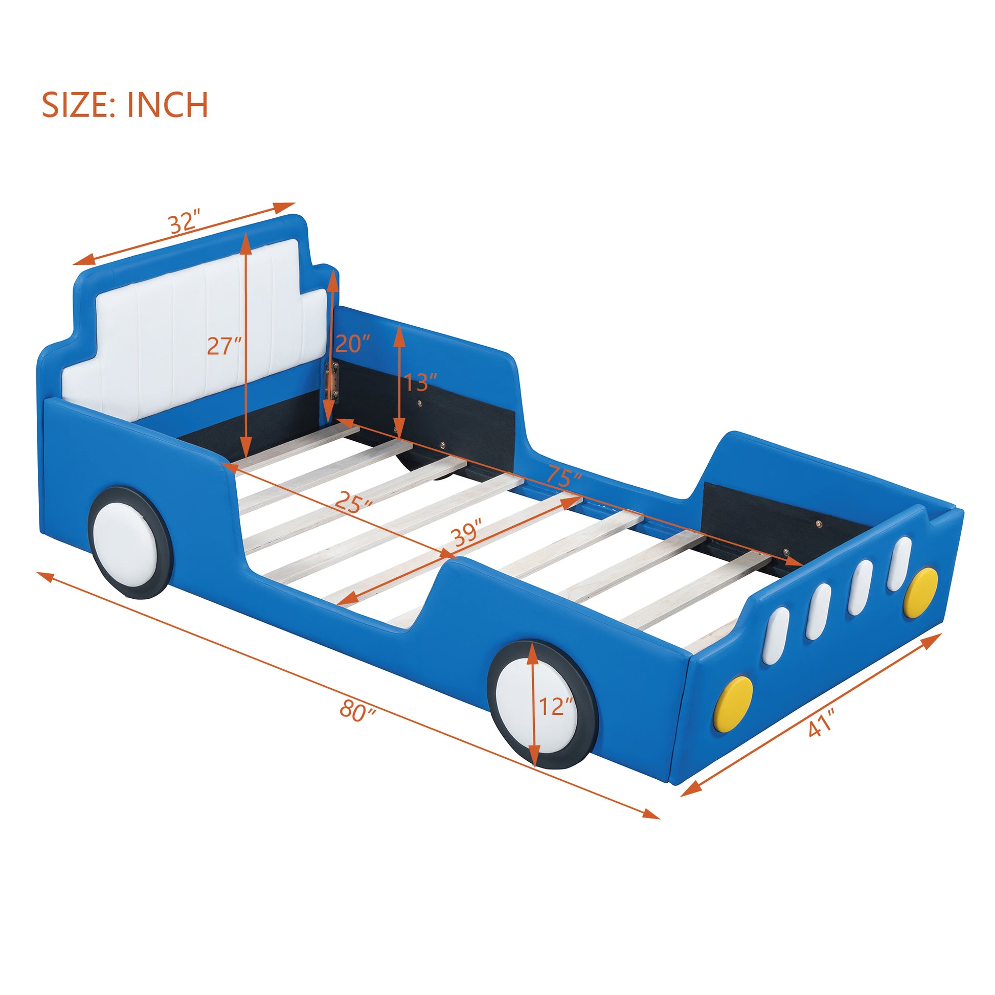 Twin Size Race Car Shaped Platform Bed With Wheels,Blue Twin Blue Pu Leather