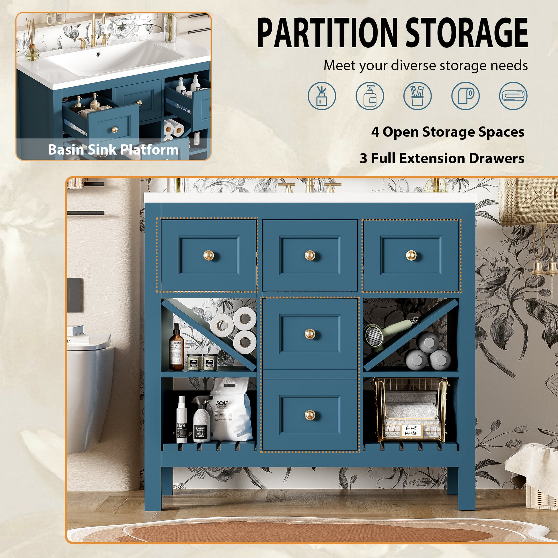 36'' Bathroom Vanity With Resin Sink Combo, Solid Wood Frame Bathroom Storage Cabinet, Freestanding Vanity Set With 5 Drawers& Soft Closing Doors Same As N710S136001C Blue Bathroom Solid Wood Mdf Resin