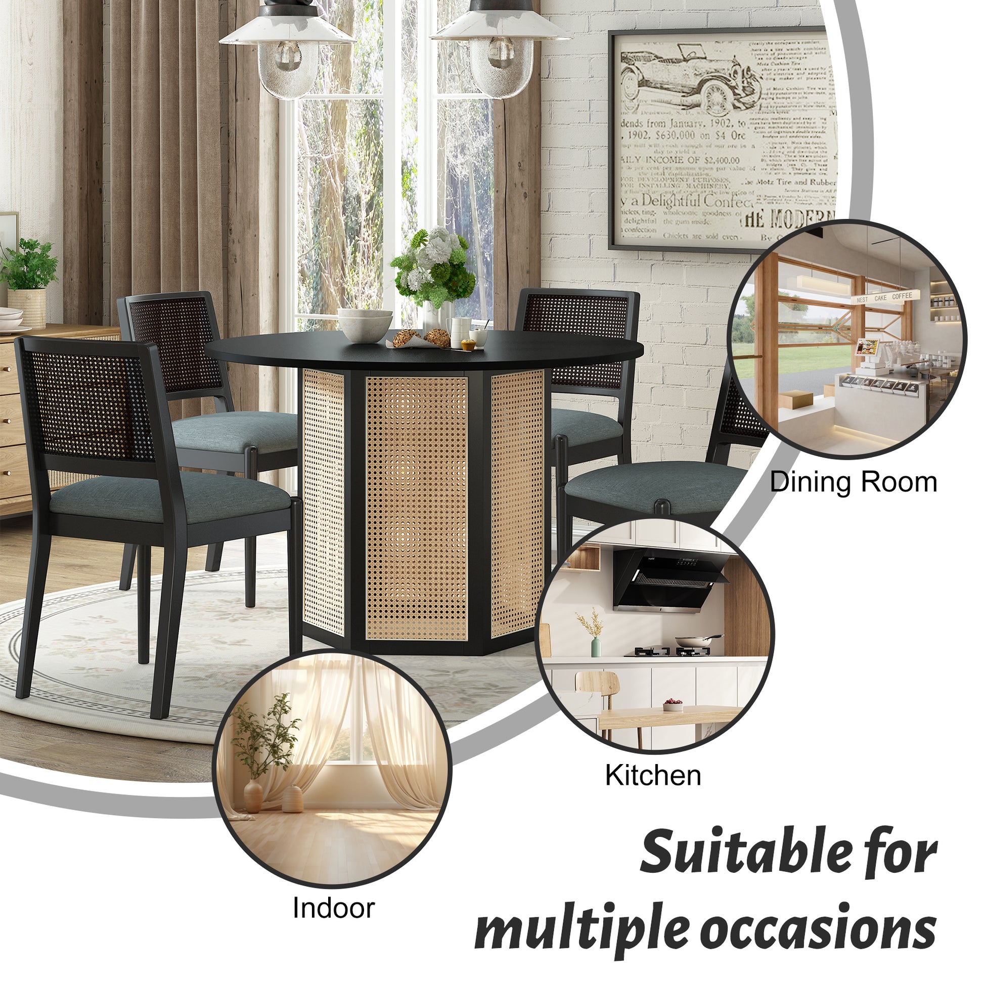 5 Piece Rattan Round Dining Table Set, Wood Table With Hexagonal Base And Upholstered Chairs For Dining Room, Kitchen,Indoor Use, Black Gray Wood Dining Room Solid Wood Rubberwood Round Dining Table With Chair Wood Wood Black Seats 4 Traditional Round