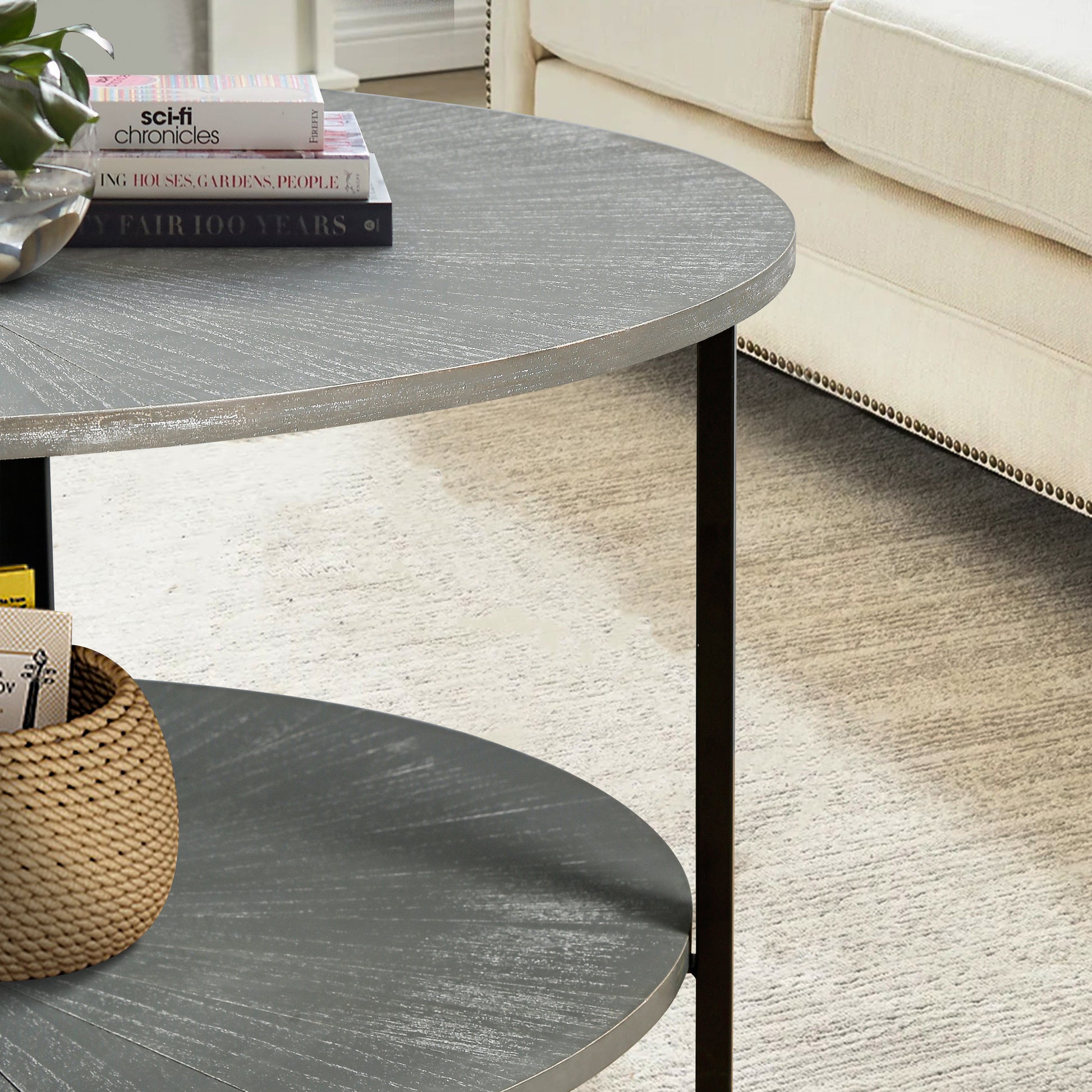 31.5"D X 31.5''W X 18.3''H Round Coffee Table With 2 Tier Storage, Farmhouse Living Room Cocktail Table With Black Metal Leg,Patchwork Desktop Effect Easy Assembly Antique Gray Antique Gray Primary Living Space American Design Floor Mount Round Open