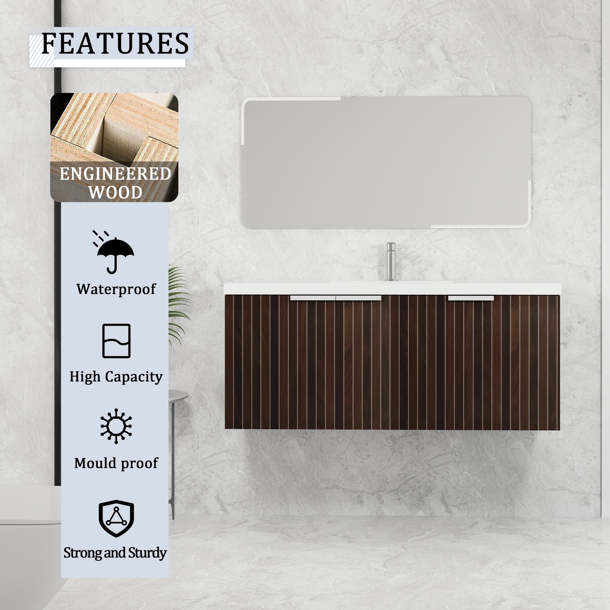 48 Inch Bathroom Cabinet With Resin Sink,Soft Close Doors,Float Mounting Design Silver Brown Stripe Bathroom Modern Plywood Plywood