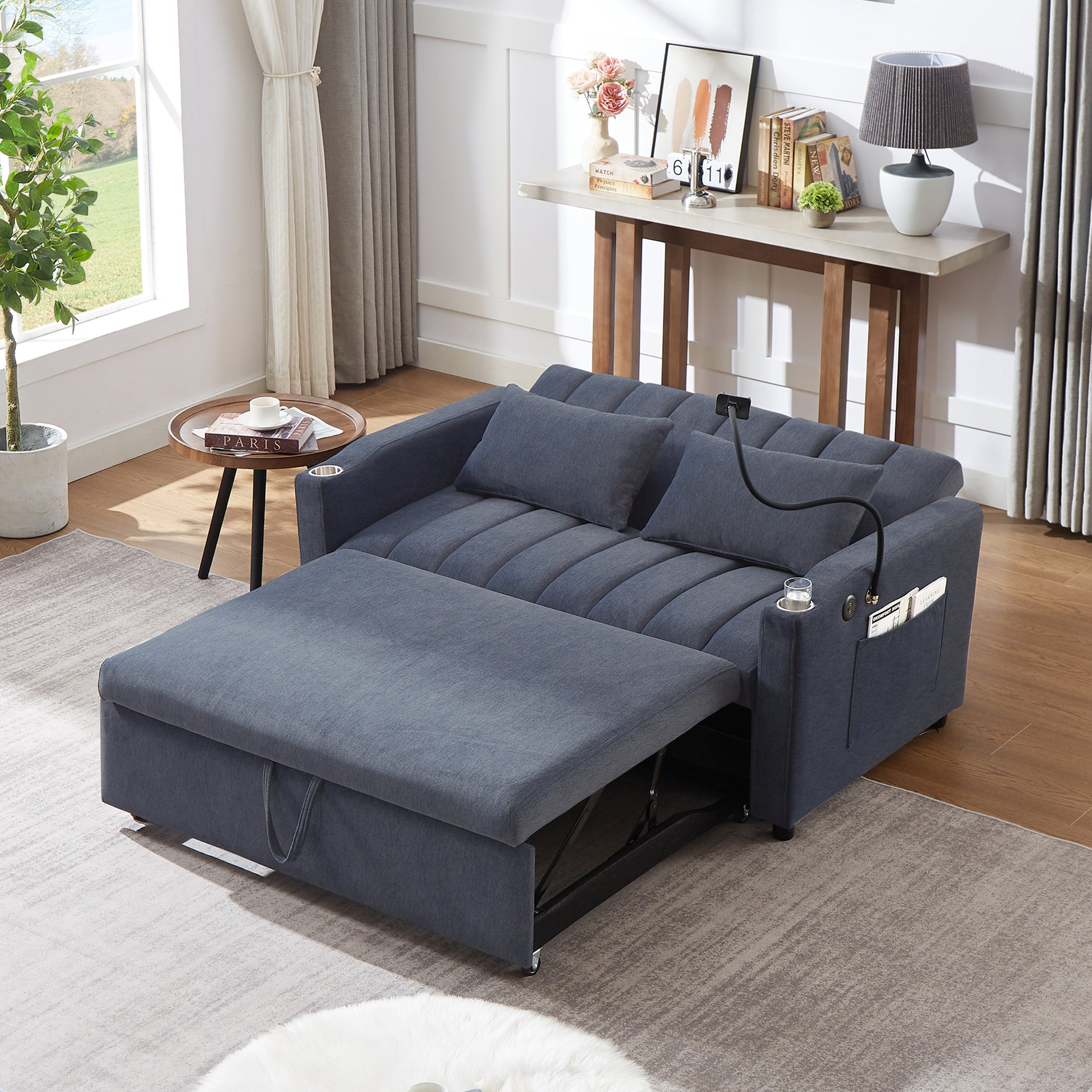 55.9" Convertible Sofa Bed Loveseat Sofa With Three Usb Ports, Two Side Pockets, Two Cup Holders And 360 Swivel Phone Holder For Living Room, Blue Grey Blue Gray Foam Polyester