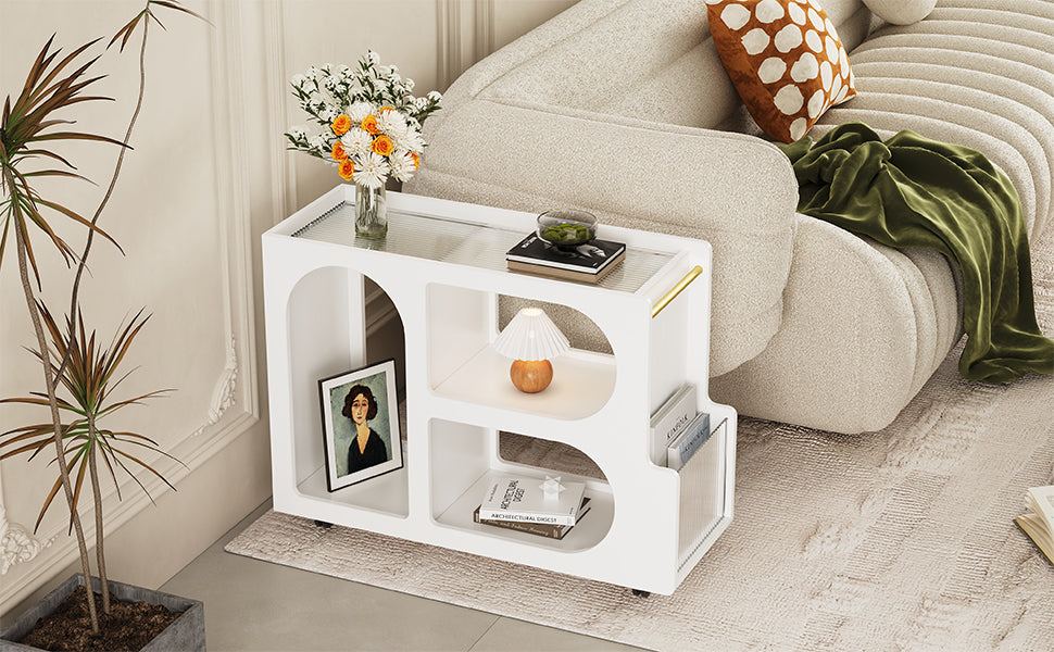 Mobile End Table With Lockable Wheels, Narrow Coffee Table With 5Mm Thick Fluted Tempered Glass, Modern Nightstand With Golden Round Rod, Living Room, White, 31.5''W X11.8''D X 23.1''H White Primary Living Space Mdf