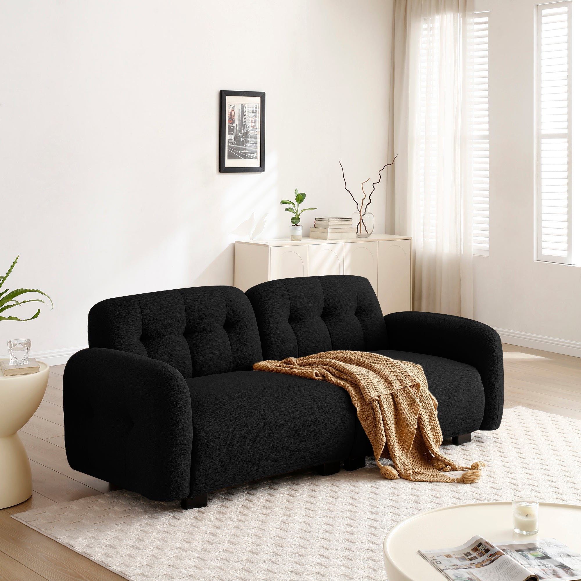 81.48" Modern Sofa Couch,3 Seater Teddy Sofa Sectional With Wooden Legs For 3 4 Persons, Upholstered Deep Seat Beautiful Seat Sofa Chaise For Living Room,Bedroom, Apartment And Office,Black Black Wood Primary Living Space Modern Foam Teddy 4 Seat