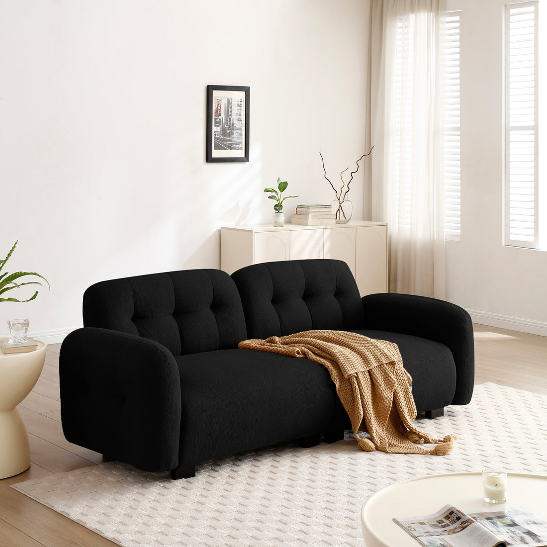 81.48" Modern Sofa Couch,3 Seater Teddy Sofa Sectional With Wooden Legs For 3 4 Persons, Upholstered Deep Seat Beautiful Seat Sofa Chaise For Living Room,Bedroom, Apartment And Office,Black Black Wood Primary Living Space Modern Foam Teddy 4 Seat