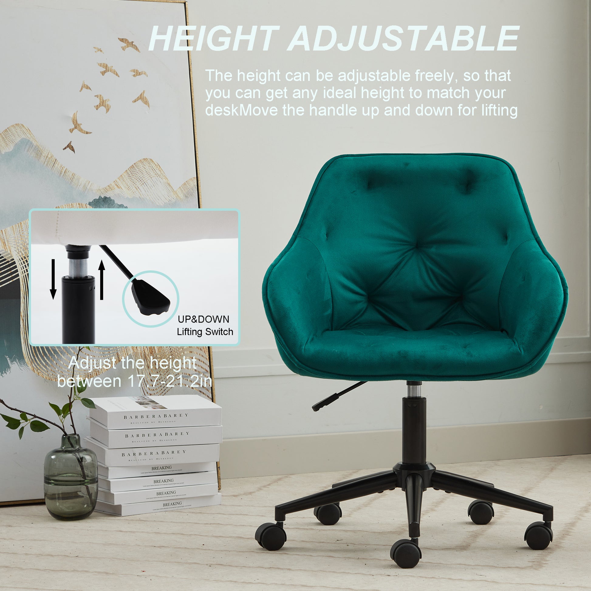 Elegent Velvet Office Chair With Wheels, Makeup Vanity Chair Height Adjustable For Teens Women Girls, Comfy Swivel Modern Leisure Armchair For Home Office, Bedroom, Study And Vanity. Green Green Primary Living Space Luxury,Modern Foam Iron