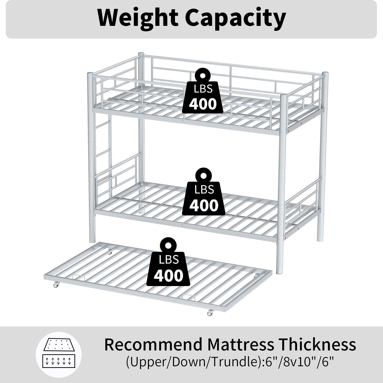 Heavy Duty Sturdy Meta Twin Over Twin With Trundle Bunk Bed L Noise Reduced Safety Guardrail No Box Spring Needed,Gray Silver Twin Gray Silver Metal