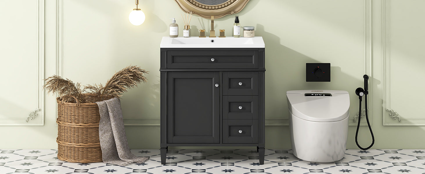 30'' Bathroom Vanity With Top Sink, Modern Bathroom Storage Cabinet With 2 Drawers And A Tip Out Drawer, Single Sink Bathroom Vanity Black Bathroom Solid Wood Mdf