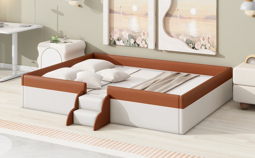 Queen Size Upholstered Daybed Frame With Fence And Stairs, Brown White Queen Brown White Mdf Lvl