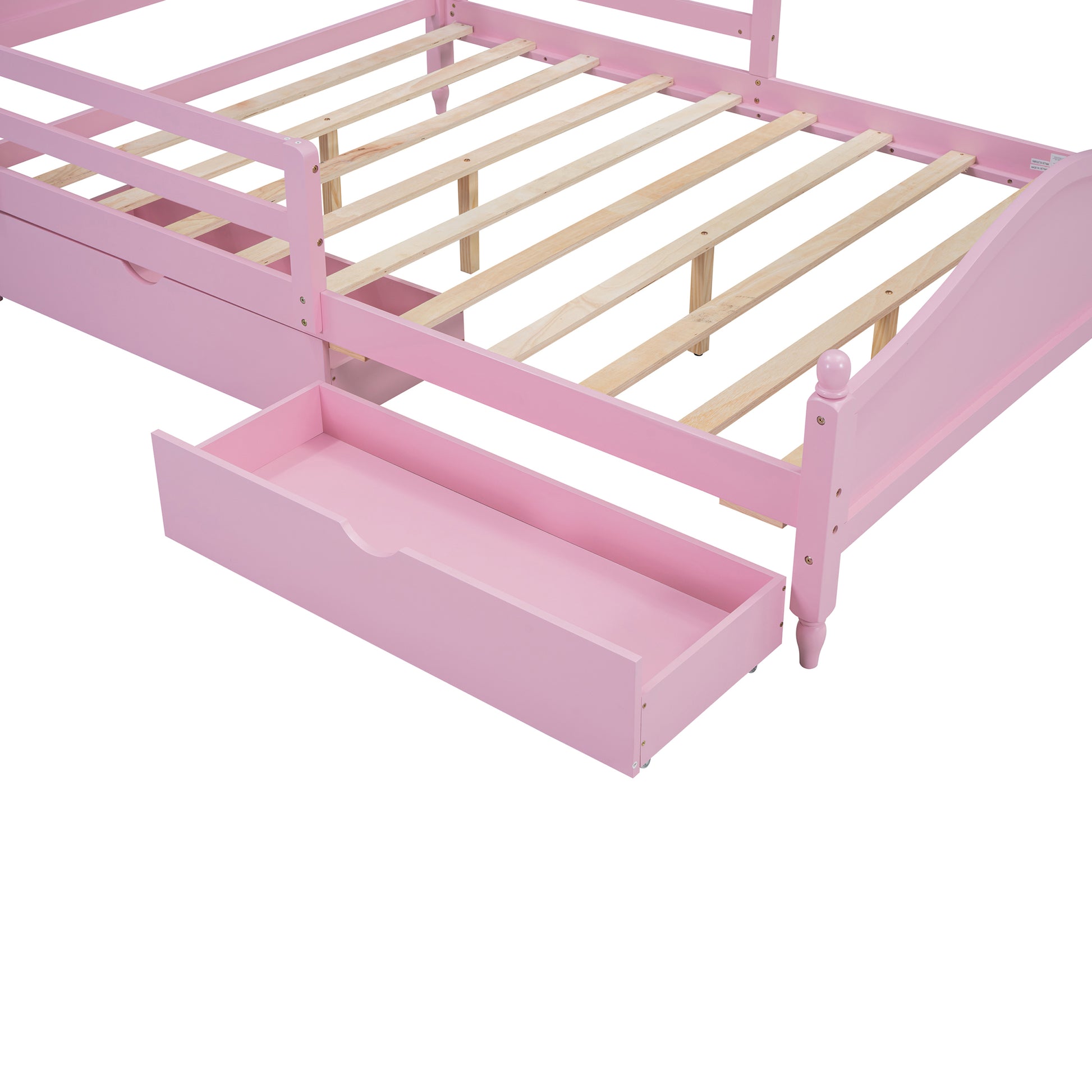Full Size Wood Platform Bed With Guardrails On Both Sides And Two Storage Drawers ,Pink Full Pink Wood