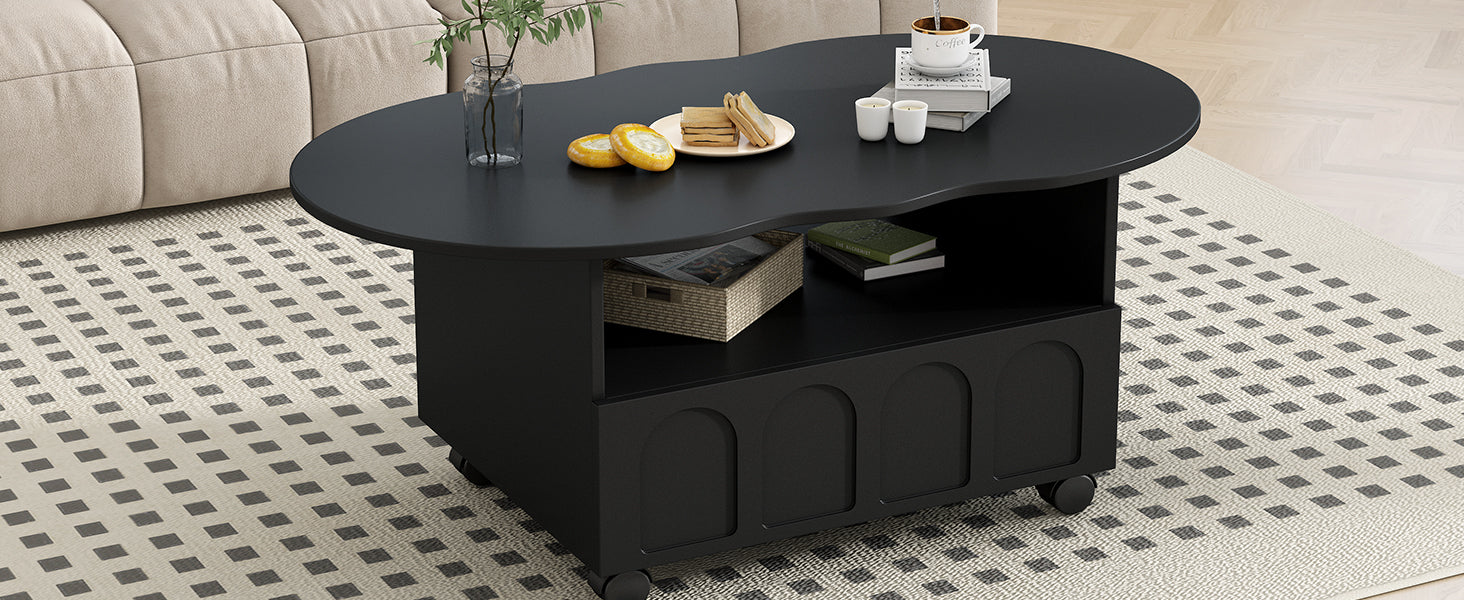 Flexible Cream Style Coffee Table With 2 Brake Wheels, Cloud Top Side Table With Drawer, Irregular Center Table With Large Storage For Living Room, Black, 39.37''X 23.6'' Black Particle Board