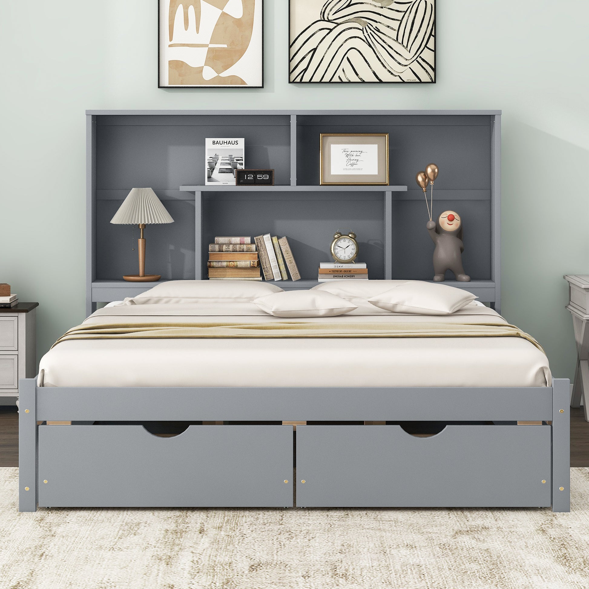 Queen Size Platform Bed With Storage Headboard And 2 Drawers, Gray Box Spring Not Required Queen Gray Wood Bedroom Bed Frame Solid Wood Mdf