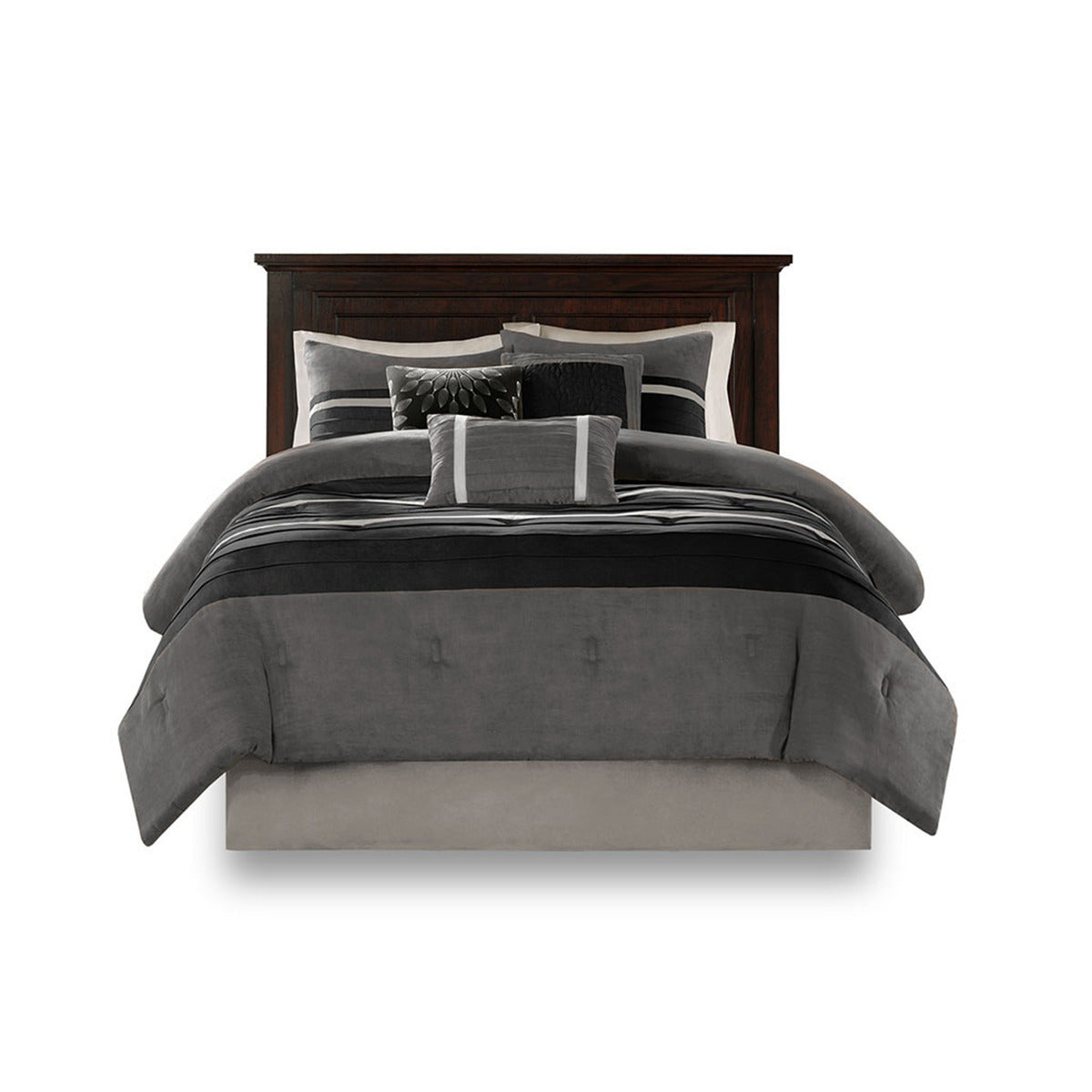 7 Pc Pieced Faux Suede Comforter Set Black King King Black Polyester