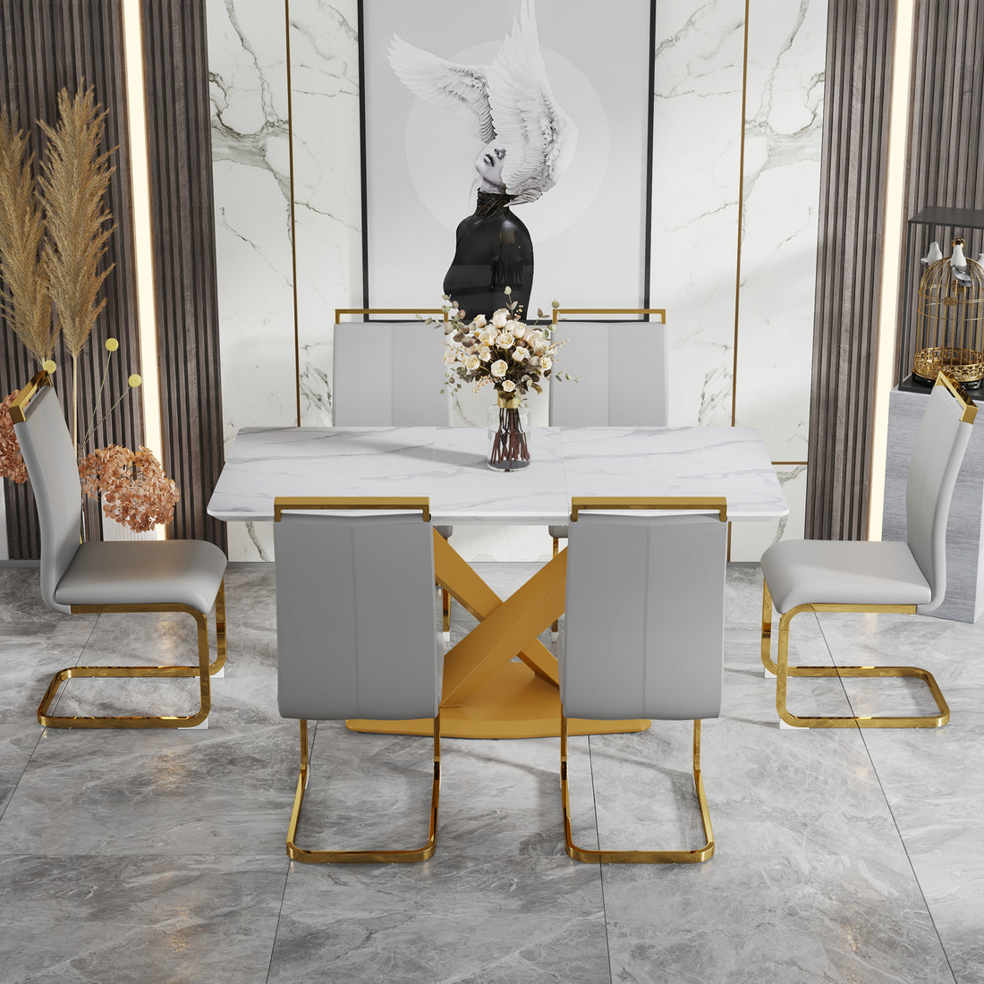 Table And Chair Set, The Table Is Equipped With A Marble Patterned Mdf Tabletop And Gold Table Legs.The Chair Is Equipped With Pu Synthetic Leather High Back Cushion And Gold Coated Metal Legs. Grey Gold Seats 6 Mdf Metal