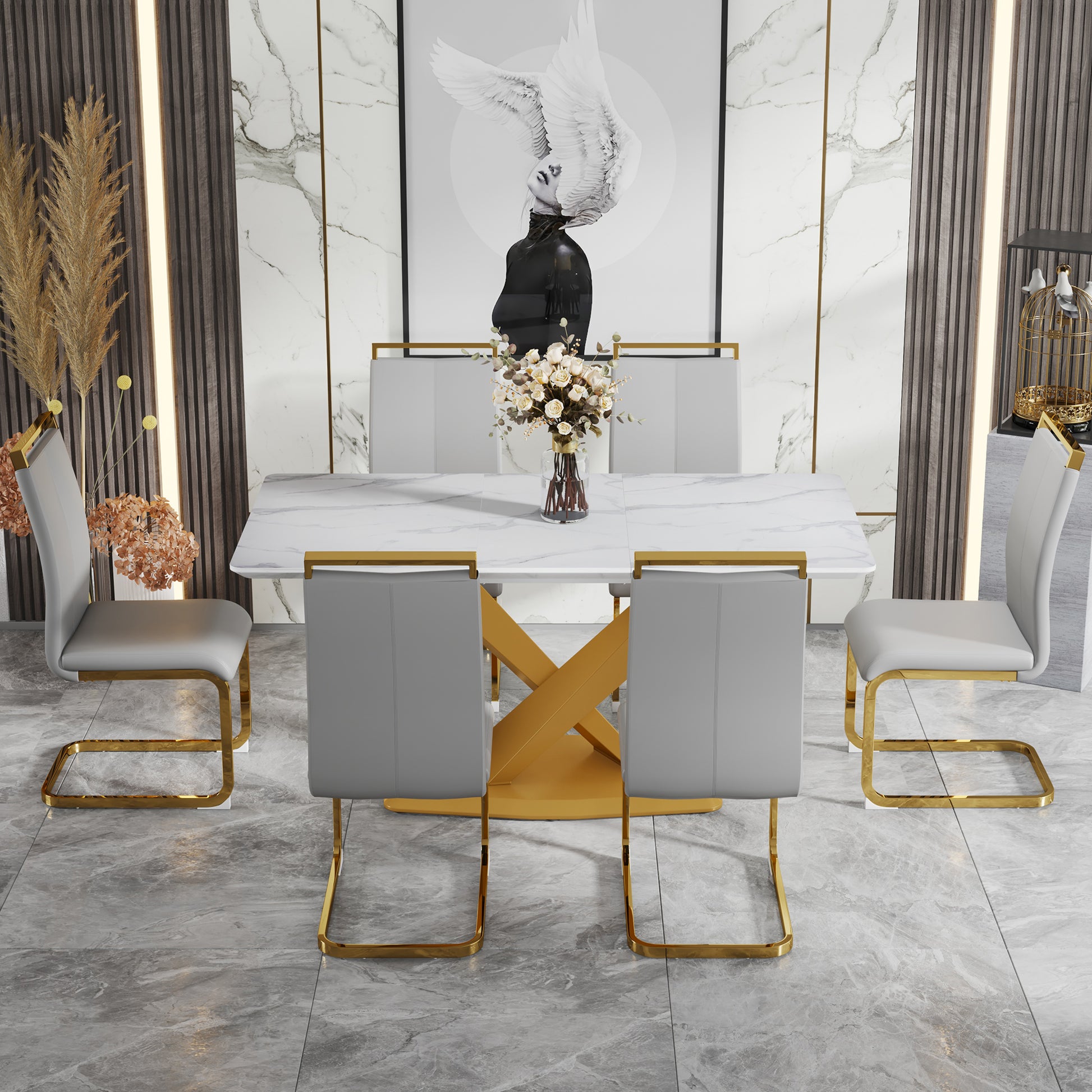 Table And Chair Set, The Table Is Equipped With A Marble Patterned Mdf Tabletop And Gold Table Legs.The Chair Is Equipped With Pu Synthetic Leather High Back Cushion And Gold Coated Metal Legs. Grey Gold Seats 6 Mdf Metal
