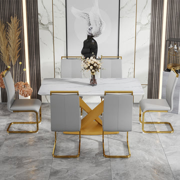 Table And Chair Set, The Table Is Equipped With A Marble Patterned Mdf Tabletop And Gold Table Legs.The Chair Is Equipped With Pu Synthetic Leather High Back Cushion And Gold Coated Metal Legs. Grey Gold Seats 6 Mdf Metal