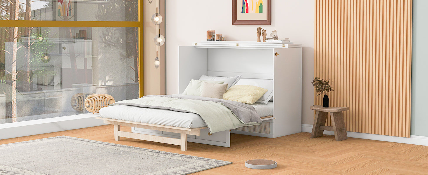 Full Size Murphy Bed With Large Drawers,White Full White Plywood