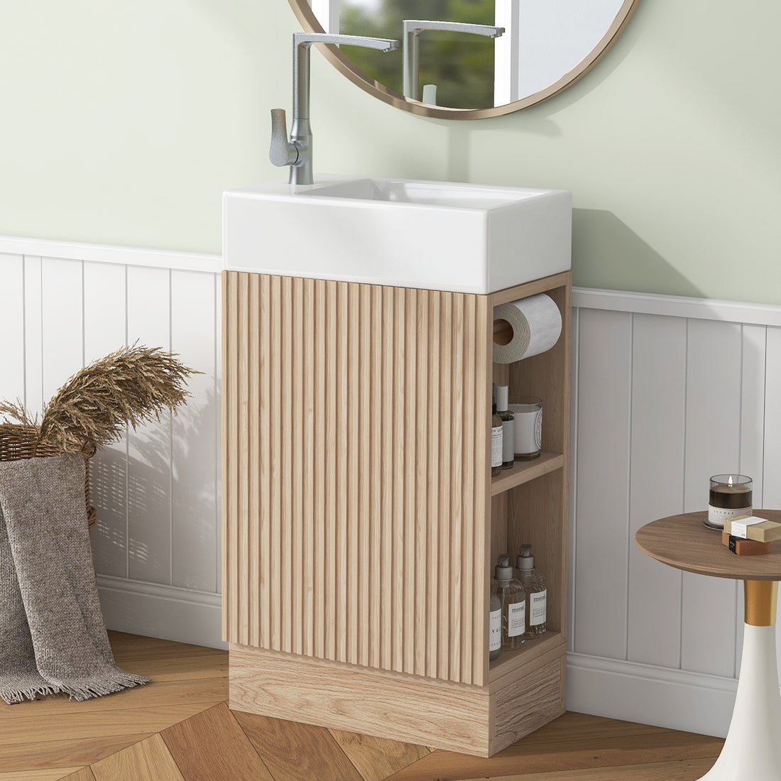 18.6" Bathroom Vanity With Sink, Bathroom Vanity Cabinet With Two Tier Shelf, Left Or Right Orientation, Natural Natural Mdf