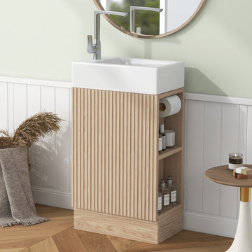 18.6" Bathroom Vanity With Sink, Bathroom Vanity Cabinet With Two Tier Shelf, Left Or Right Orientation, Natural Natural Mdf