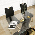 Modern Style Glass Dining Table, Elegant Transparent Design, Solid Support Base, Black Dining Chair Set, Gold Plated Chair Legs, Suitable For Restaurant Kitchen Use Set Of 5 Black Gold Seats 4 Mdf Glass