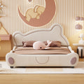 Queen Size Velvet Platform Bed With Bear Shaped Headboard, With Bed End Storage Pocket, Beige Queen Beige Plywood