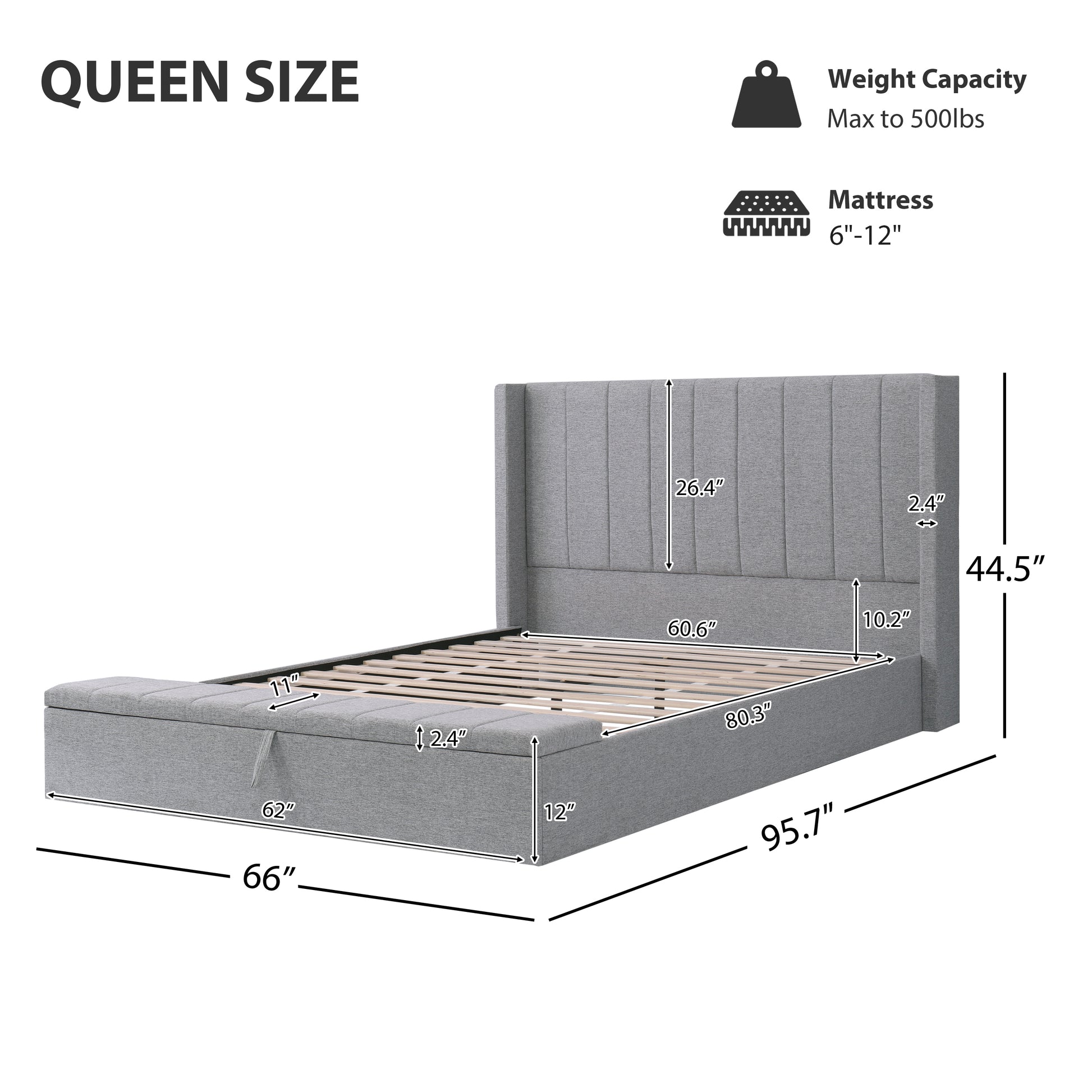Queen Size Platform Bed With Headboard, Upholstered Platform Bed With Storage, Grey Box Spring Not Required Queen Grey Wood Bedroom Storage Included Foam Polyester Fabric,Plywood,Steel,Upholstered
