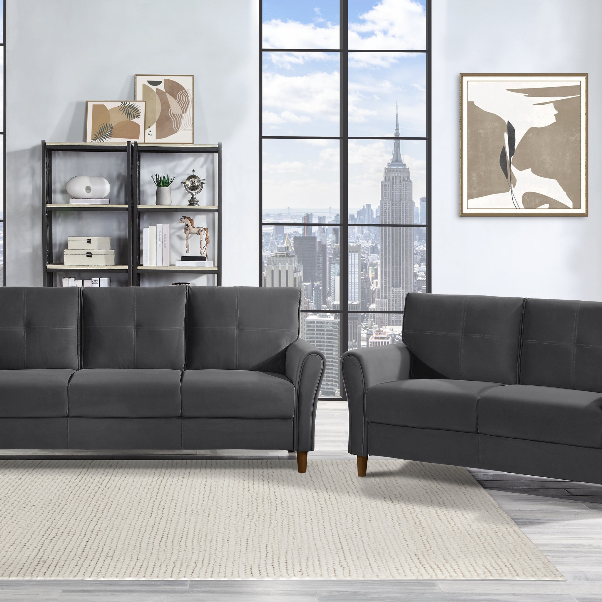 Modern Living Room Sofa Set 2Pcs Comfort Sofa Loveseat Plush Seatbacks Tufted Detail Gray Velvet Upholstery Solid Wood Frame Furniture Gray Velvet Wood Primary Living Space Modern Flared Arms Solid Wood 5 Seat