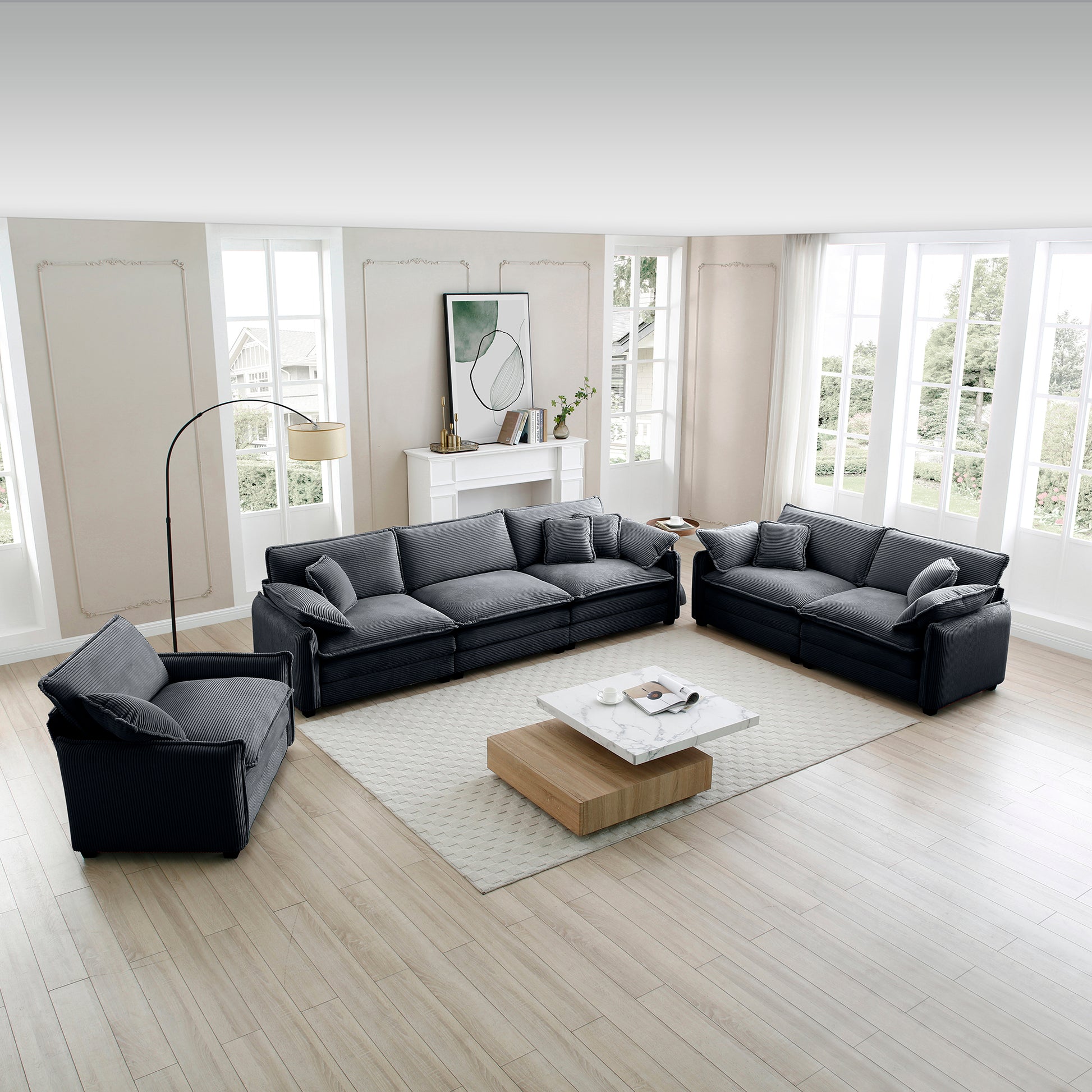 3 Piece Comfortable Oversized Sectional Sofa, One Single Sofa And One 2 Seater Sofa And One 3 Seater Sofa ,Grey Corduroy Deep Seat Sofa Grey Corduroy 6 Seat