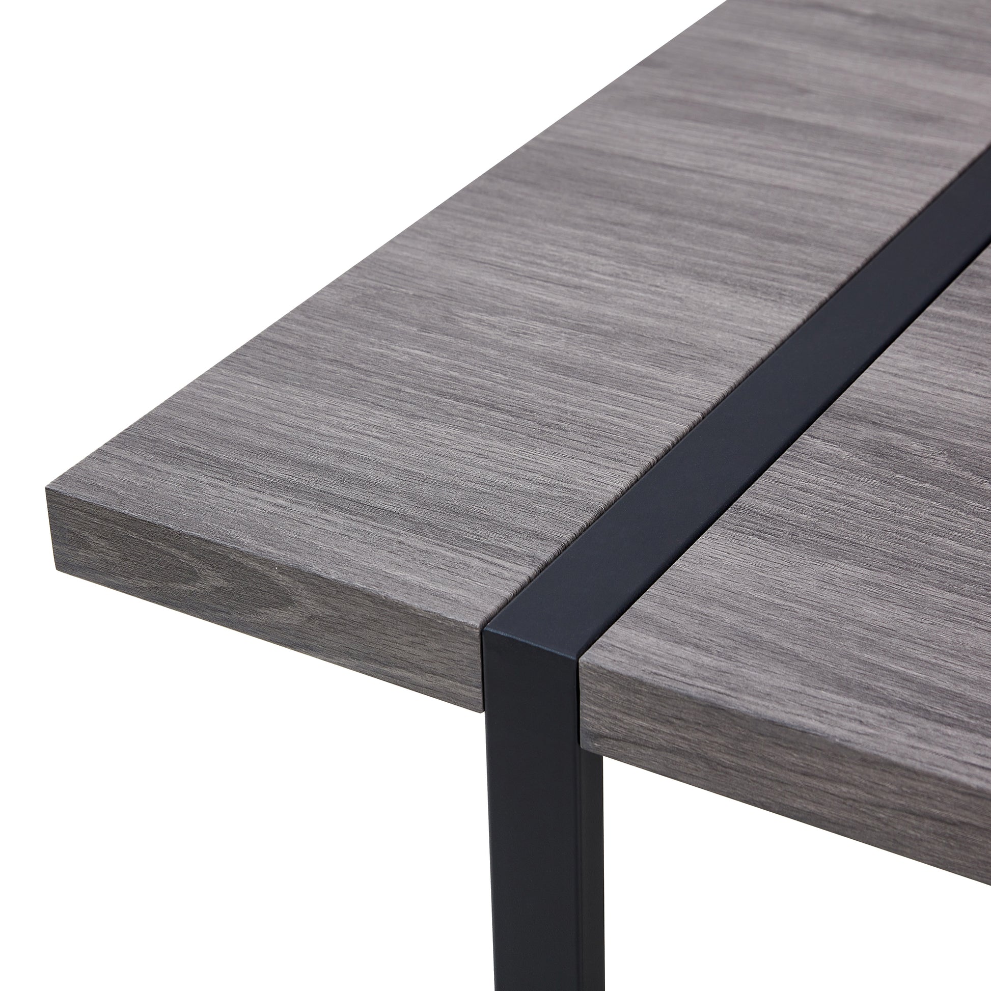 Table And Chair Set, Textured Top In Vintage Retro Grey Wood Grain Desktop, Black Metal Legs. Dining Chair With White Faux Leather Backrest Cushion With Black Metal Legs. Gray,Wood Seats 6 Mdf Metal