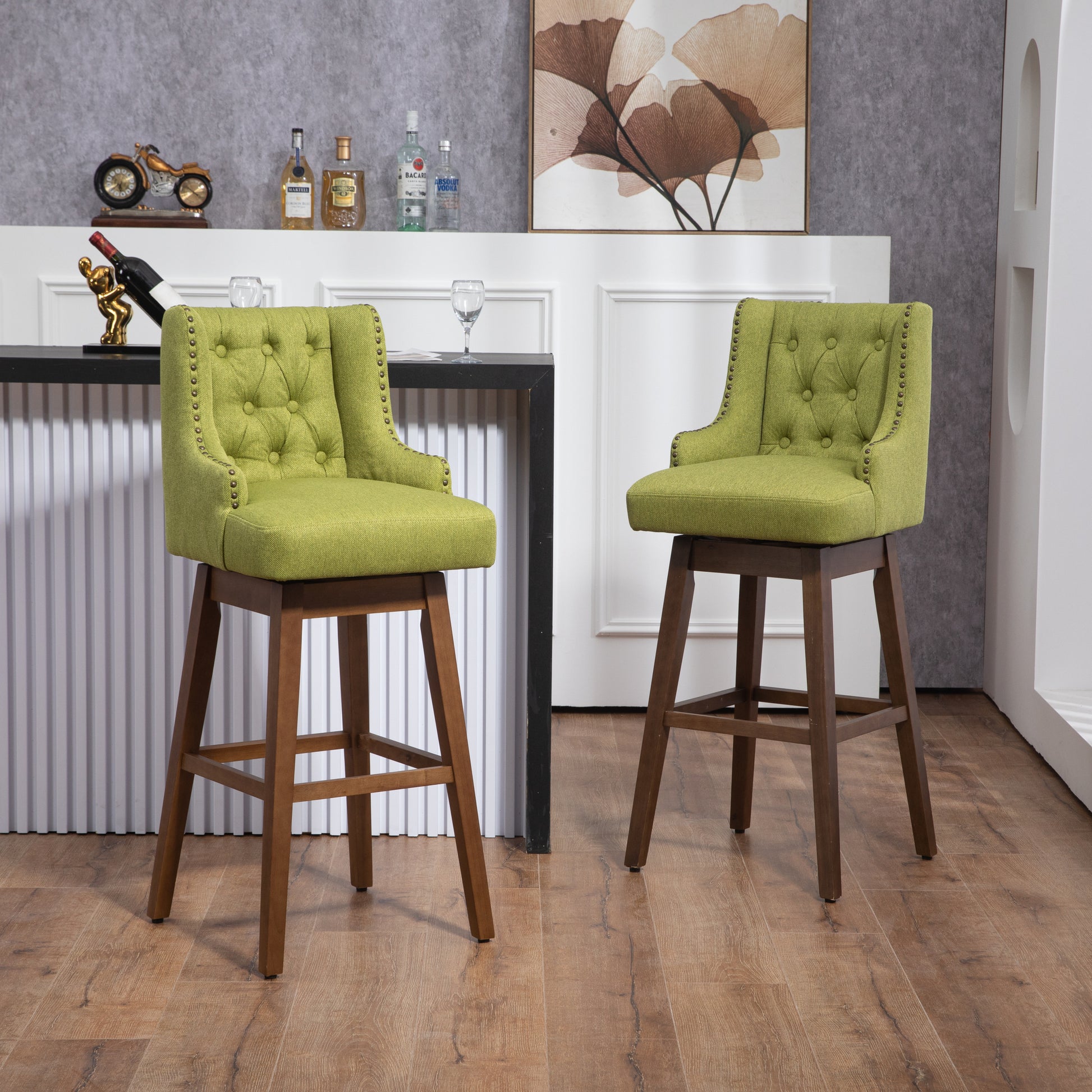 Coolmore Bar Stools Set Of 2 Counter Height Chairs With Footrest For Kitchen, Dining Room And 360 Degree Solid Wood Legs Swivel Bar Stools Set Of 2 Olive Linen Olive Foam Linen
