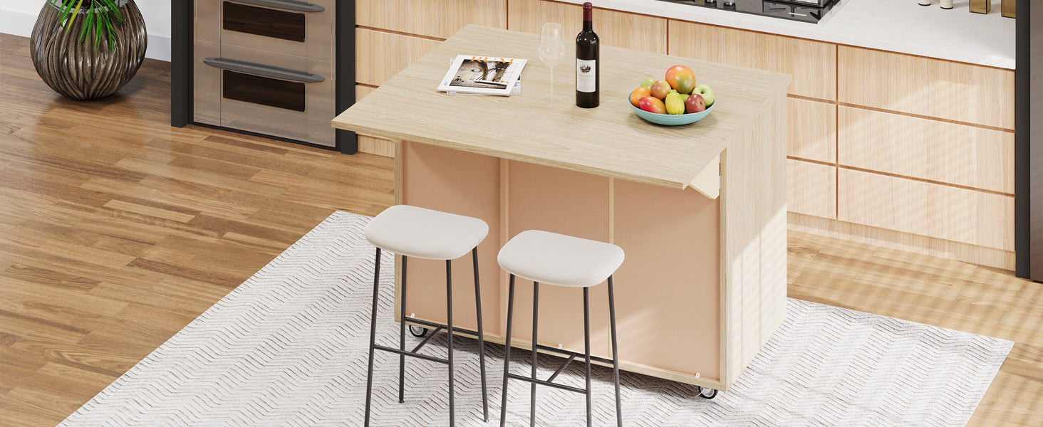 K&K 51.2"W Ash Veneer Not Cheap Paper Solid Wood Handwoven Kitchen Island With Drop Leaf, Coastal Kitchen Island On Wheels With Internal Storage Rack, Rolling Kitchen Cart, Nature Wood Natural Wood
