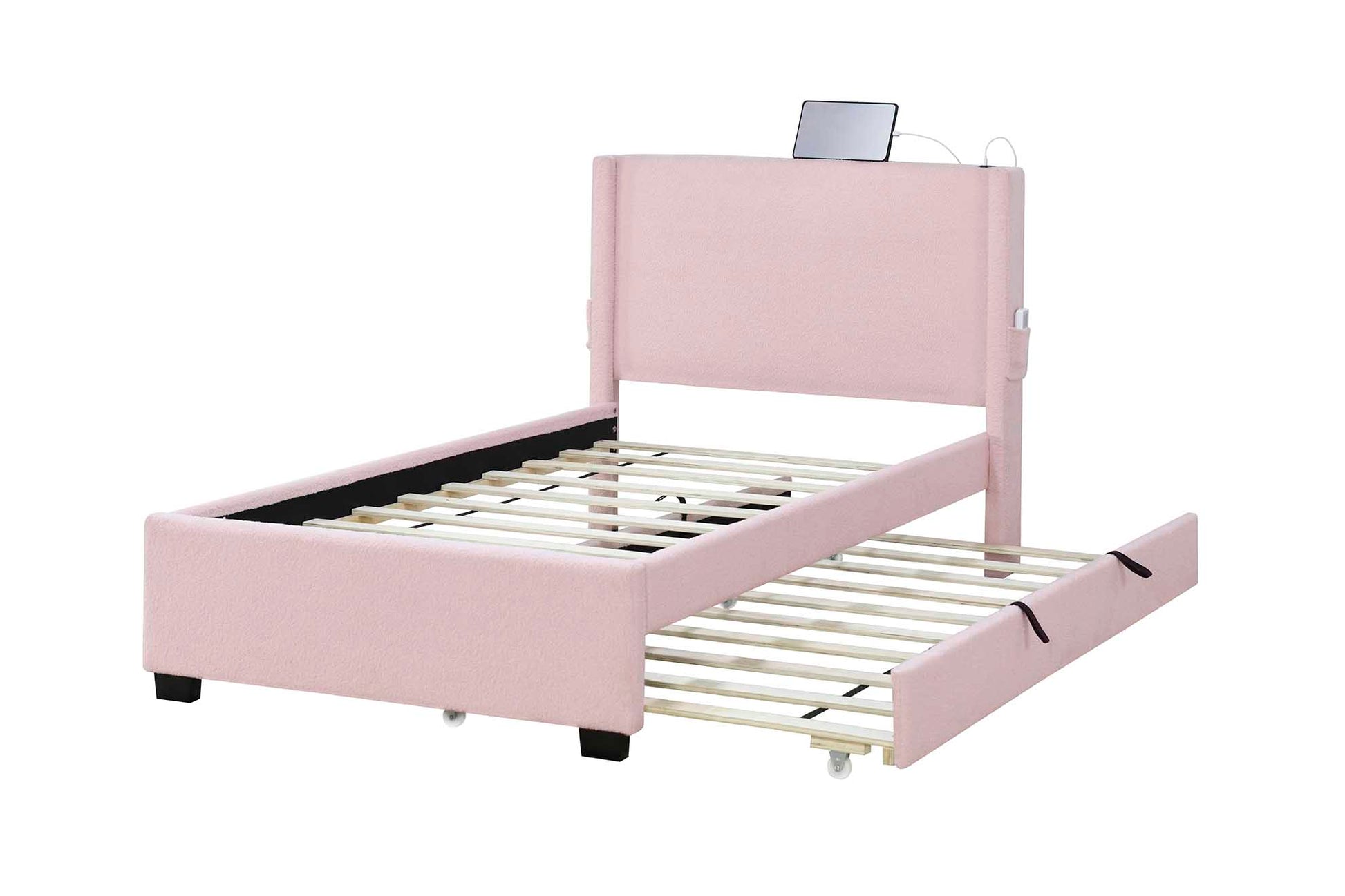 Pink Twin Size Upholstered Bed Frame With Trundle Bed, Teddy Fabric, Usb Functionality, And A Pocket Design On The Side Of The Headboard For Storing Small Items. Pink Is A Girl'S First Choice Box Spring Not Required Twin Baby Pink Wood Espresso Bedroom