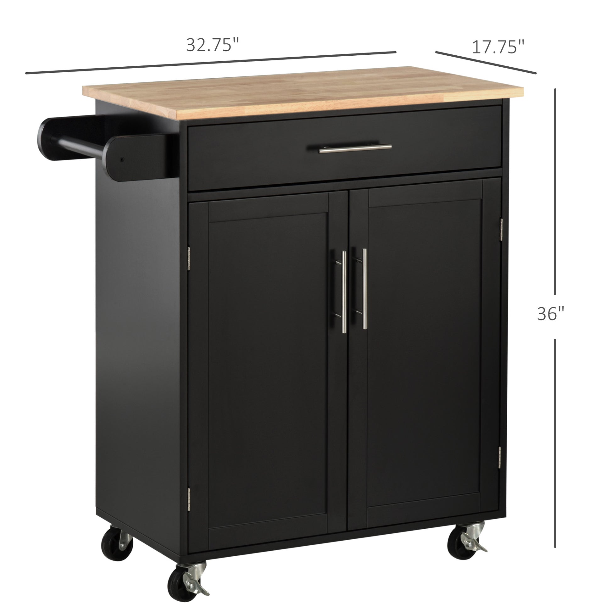 Homcom Kitchen Island Cart Rolling Trolley Cart With Drawer, Storage Cabinet & Towel Rack, Black Black Rubber Wood