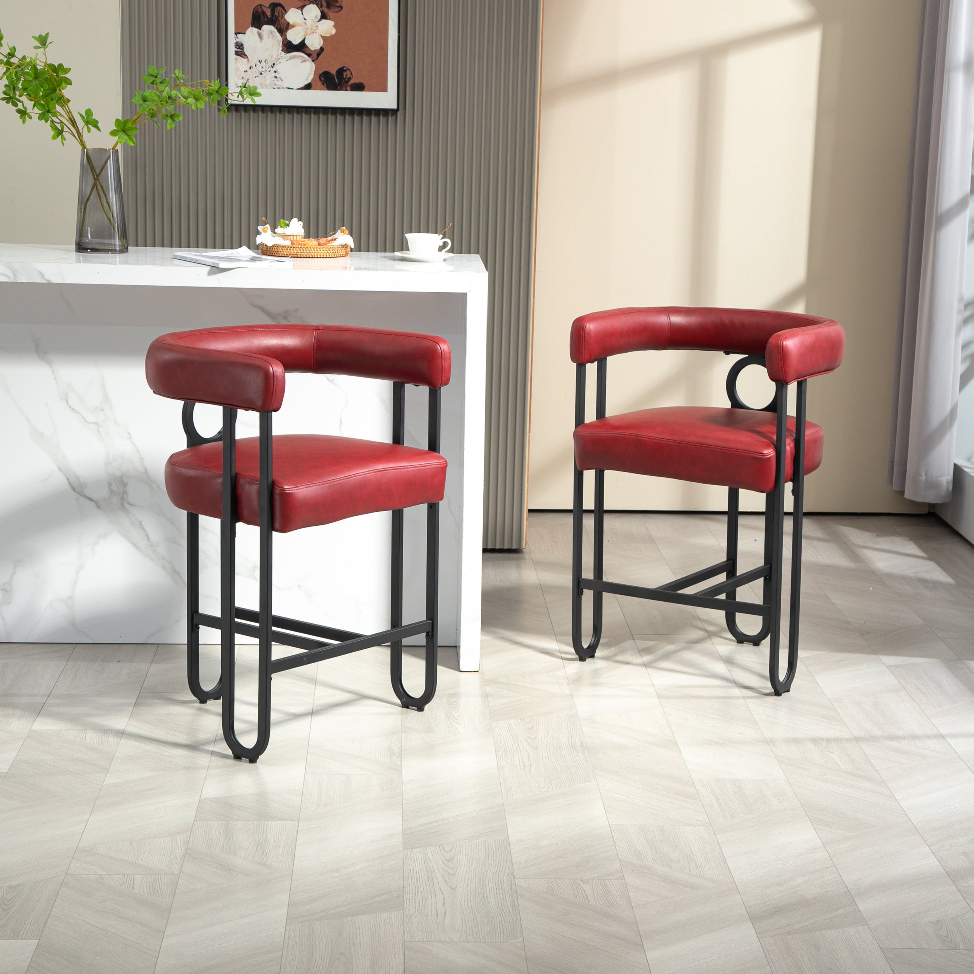 Coolmore Bar Stools Set Of 2, Modern Bar Stool With Back, Black Metal Frames, Upholstered Bar Stools For Kitchen Island, Pub, Club Wine Red Pu Wine Red Dining Room Foam Pu Leather