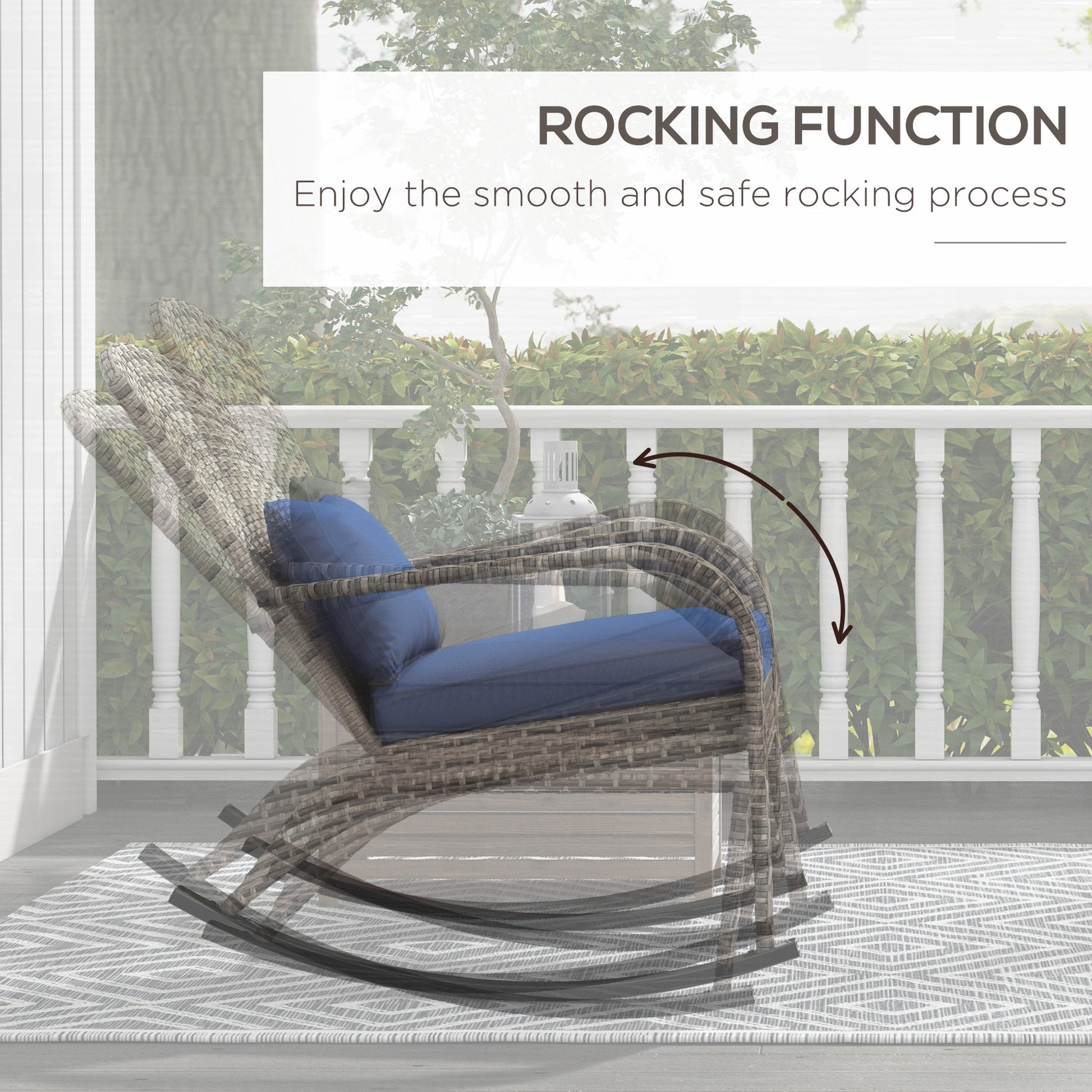 Outsunny Outdoor Wicker Adirondack Rocking Chair, Patio Rattan Rocker Chair With High Back, Seat Cushion, And Pillow For Garden, Porch, Balcony, Dark Blue Blue Rattan