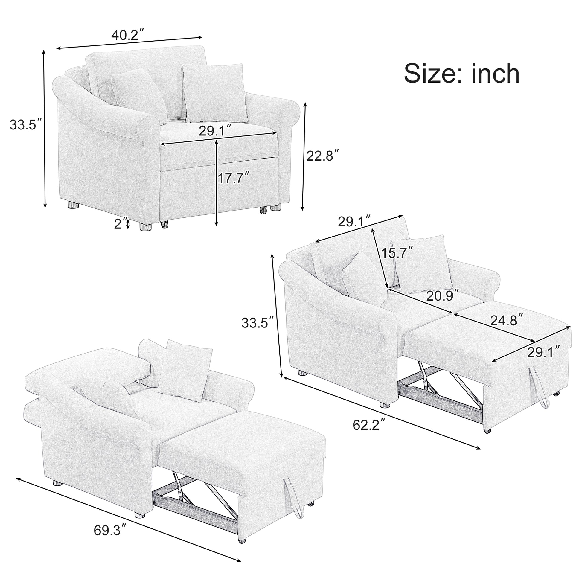 Chenille Convertible Sleeper Chair With Adjustable Backrest, 3 In 1 Lounger Chair Turns Into Bed, Single Bed For Living Room, Beige Beige Chenille