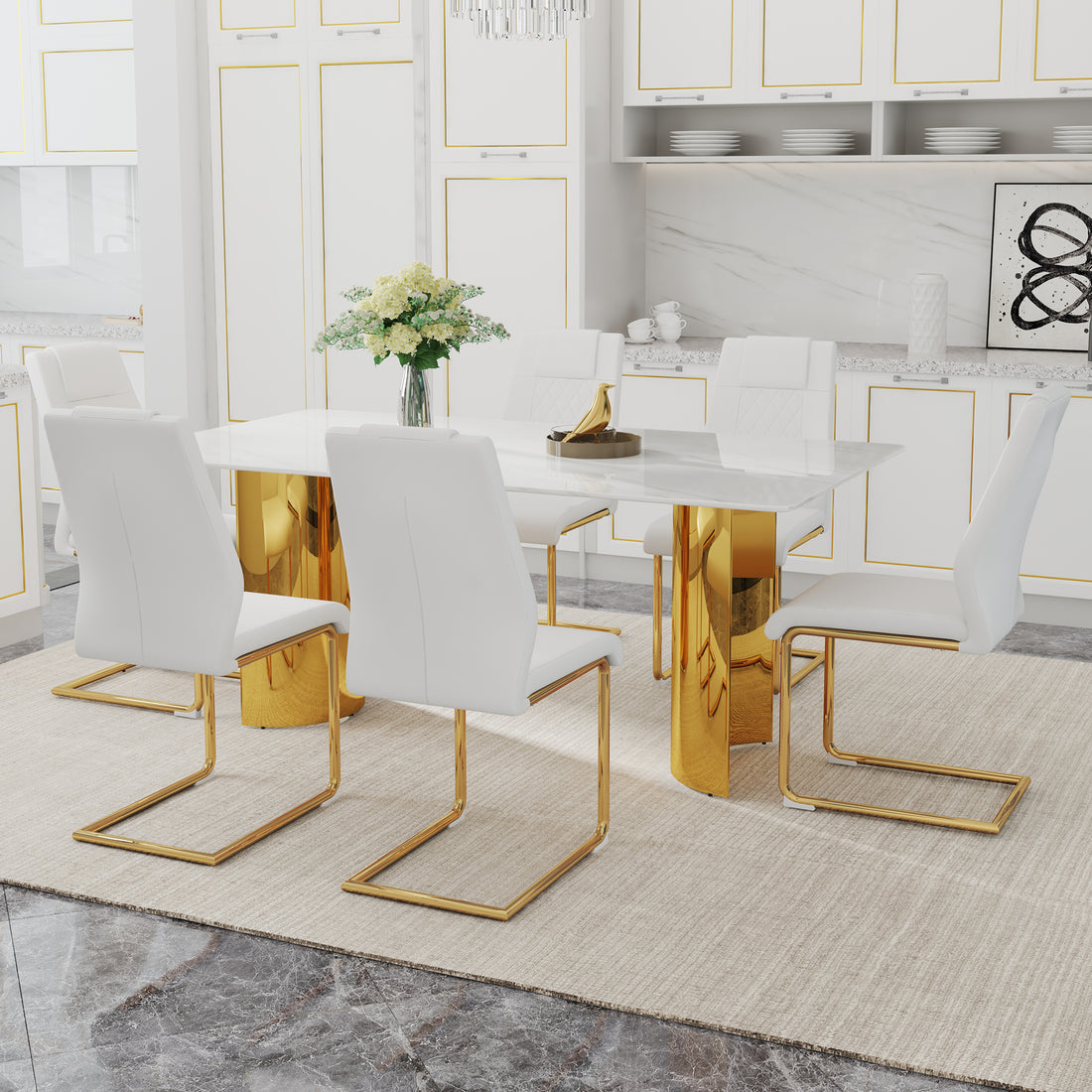 Table And Chair Set.The Table Has A Glass Tabletop With Imitation Marble Pattern Stickers And Stainless Steel Golden Table Legs. Paried With Comfortable Chairs With Pu Seats And Metal Legs. White Gold Seats 6 Glass Metal