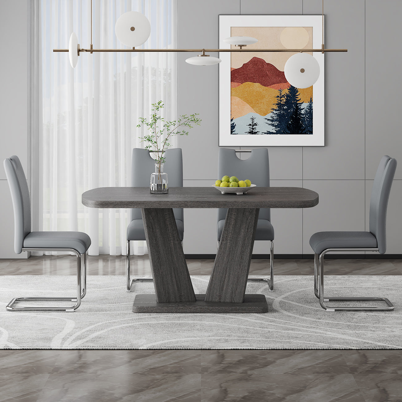 Dining Table Set For 4 6, 5 Piece Dining Table Set, Faux Wood Table Top And Modern Design Mdf Base With 4 Pu Leather Ergonomic Dining Chairs Metal Grey Modern Mdf Metal