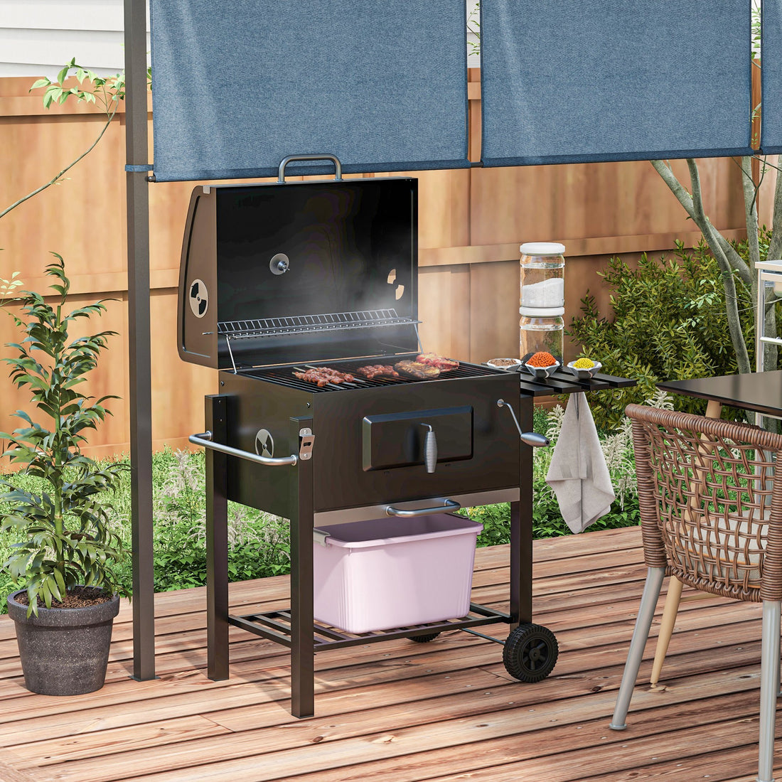 Outsunny Charcoal Bbq Grill, Outdoor Portable Cooker For Camping Or Backyard Picnic With Side Table, Bottom Storage Shelf, Wheels And Handle, Black Black Steel