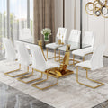 Table And Chair Set.Modern Rectangular Dining Table With Transparent Tempered Glass Tabletop And Gold Plated Metal Legs.Paried With 8 Comfortable Chairs With Pu Seats And Golden Metal Legs. Transparent,White Gold Seats 8 Glass Metal